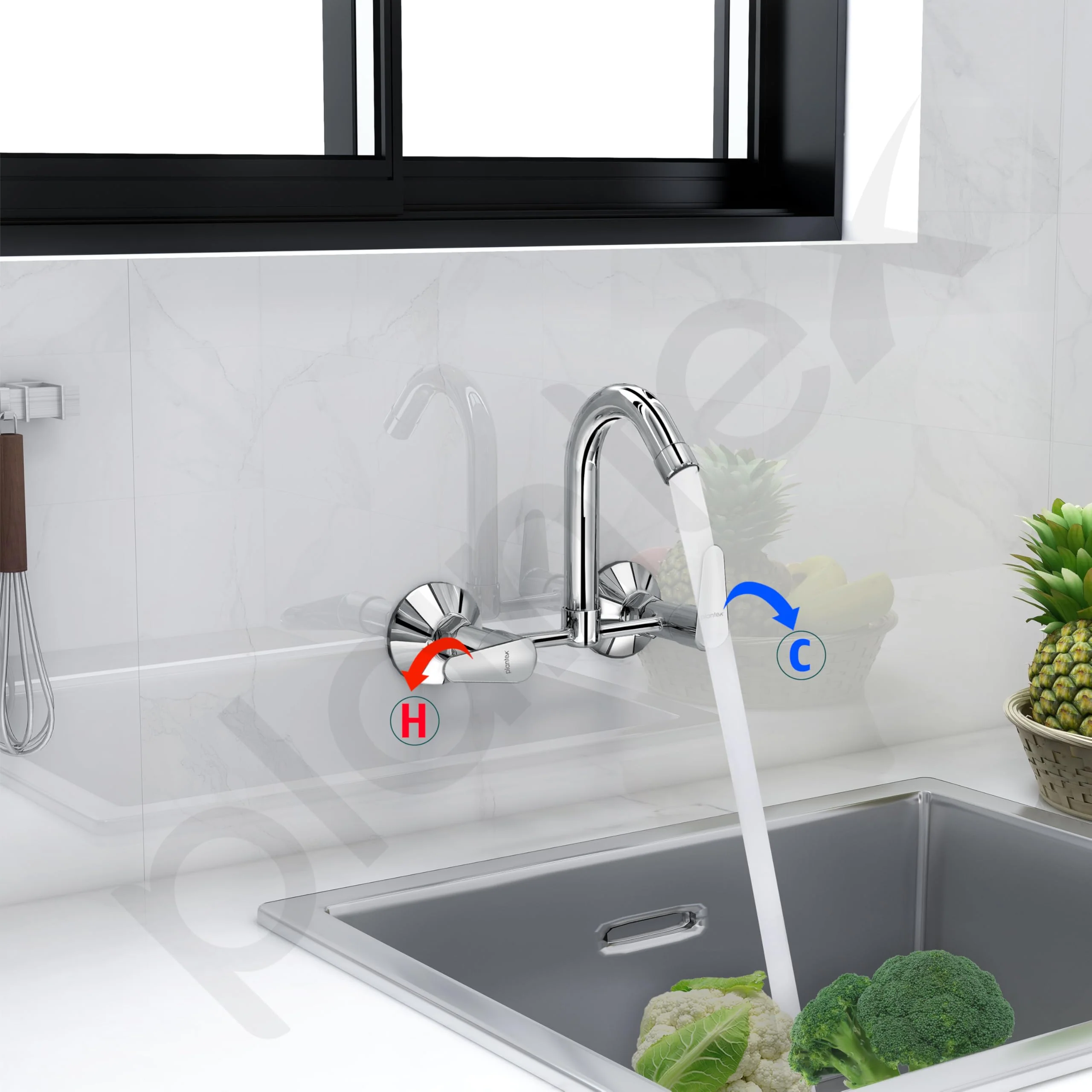Plantex Pure Brass Bathroom Basin Mixer with Swivel Spout/Double Handle Hot & Cold Water Tap for Kitchen Sink with Brass Wall Flange & Teflon Tape (DOL-2315, Chrome) - Image 2
