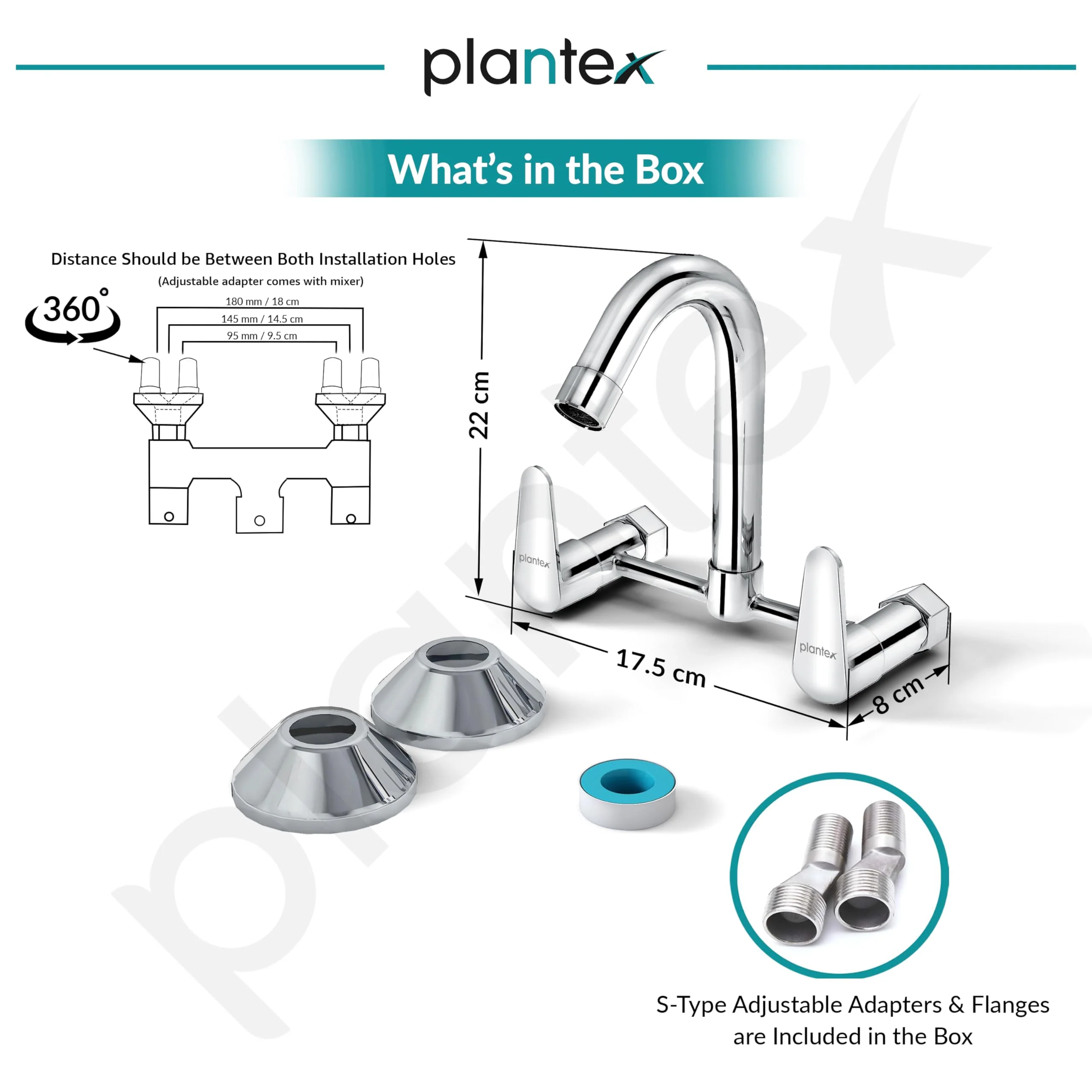 Plantex Pure Brass Bathroom Basin Mixer with Swivel Spout/Double Handle Hot & Cold Water Tap for Kitchen Sink with Brass Wall Flange & Teflon Tape (DOL-2315, Chrome) - Image 3