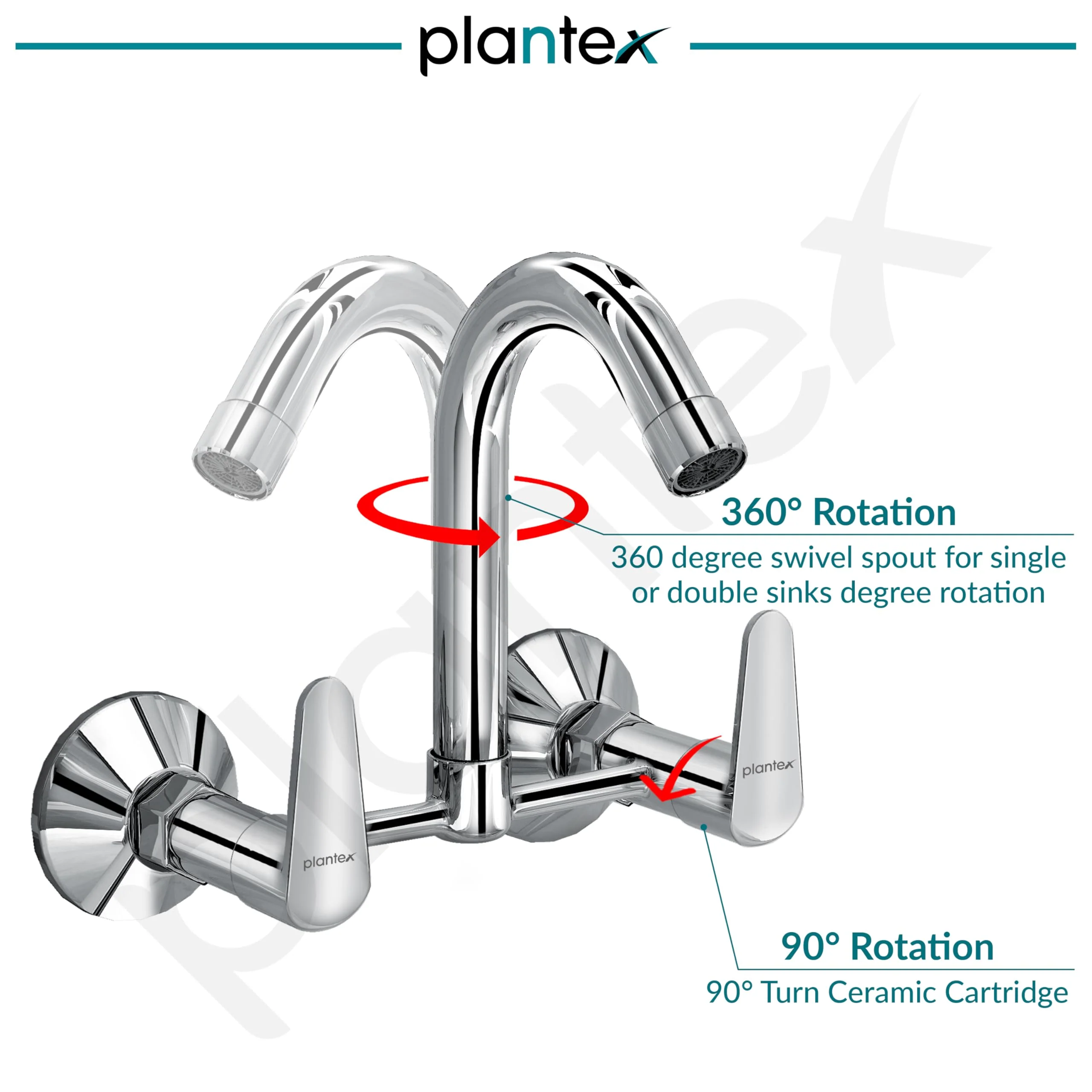 Plantex Pure Brass Bathroom Basin Mixer with Swivel Spout/Double Handle Hot & Cold Water Tap for Kitchen Sink with Brass Wall Flange & Teflon Tape (DOL-2315, Chrome) - Image 4