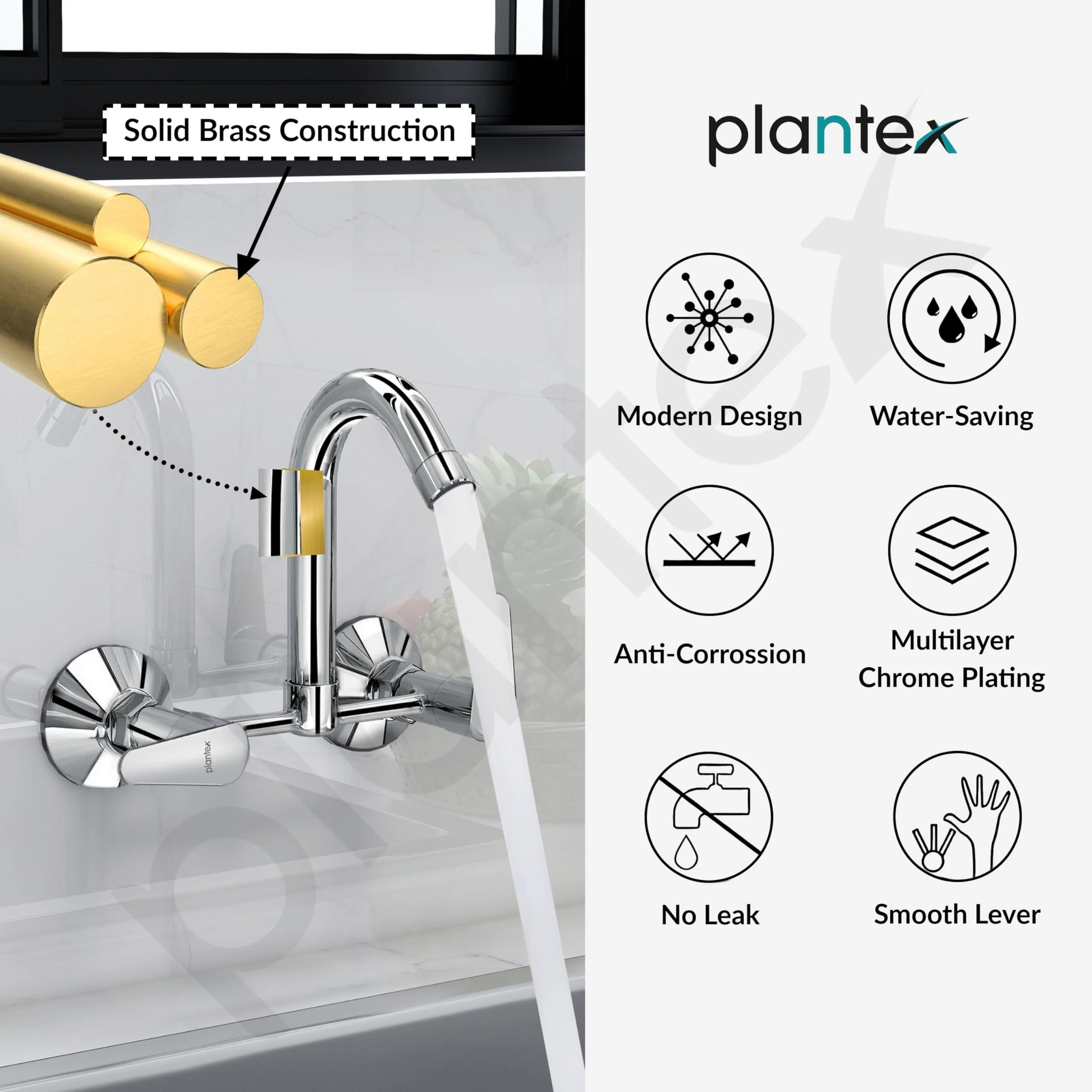 Plantex Pure Brass Bathroom Basin Mixer with Swivel Spout/Double Handle Hot & Cold Water Tap for Kitchen Sink with Brass Wall Flange & Teflon Tape (DOL-2315, Chrome) - Image 7
