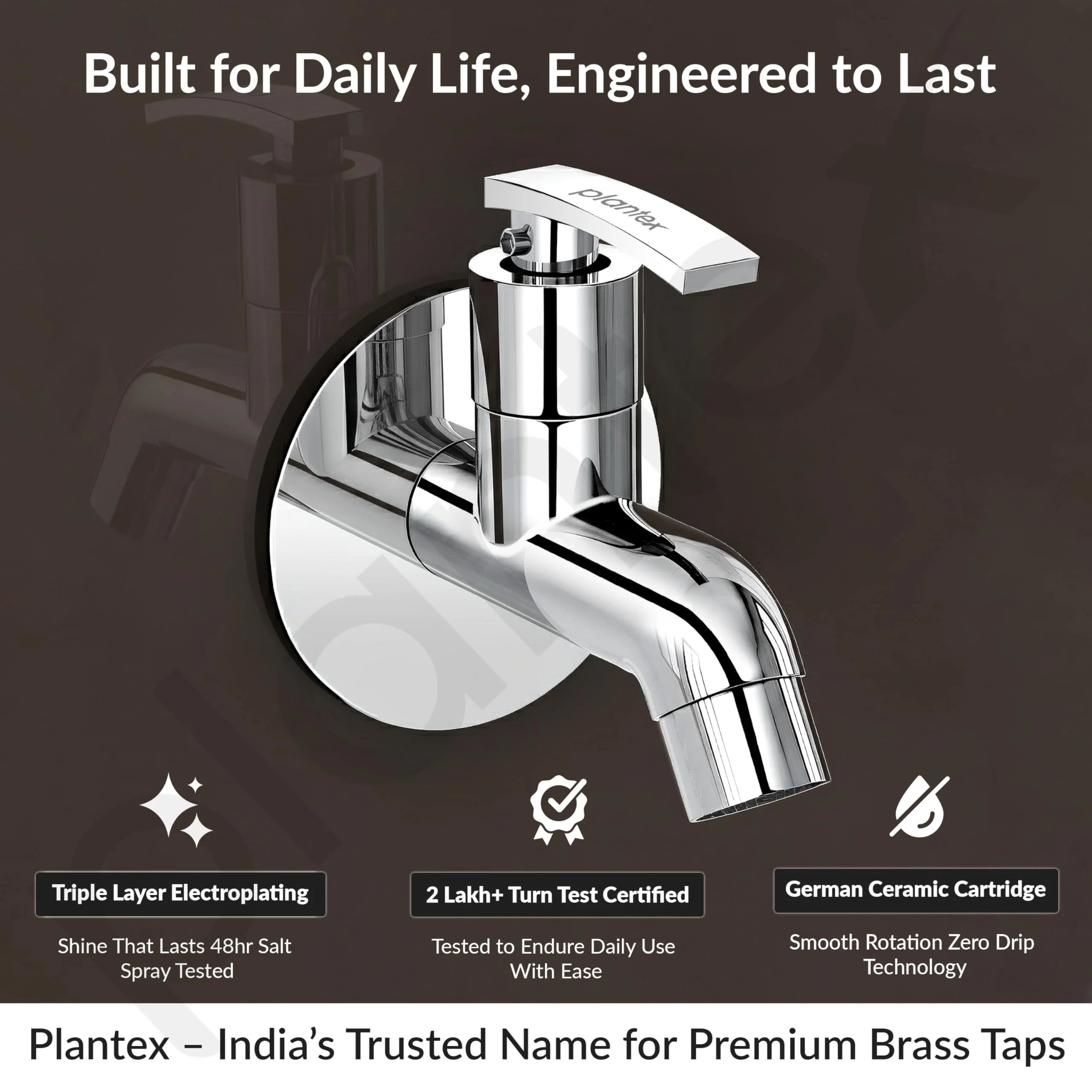 Plantex Pure Brass COL-1001 Water Tap for Bathroom with Water-Saving Technology Taps with Wall Mount Bib Tap/Basin Tap for Home- 7 Year Warranty (Chrome Finish) - Image 2