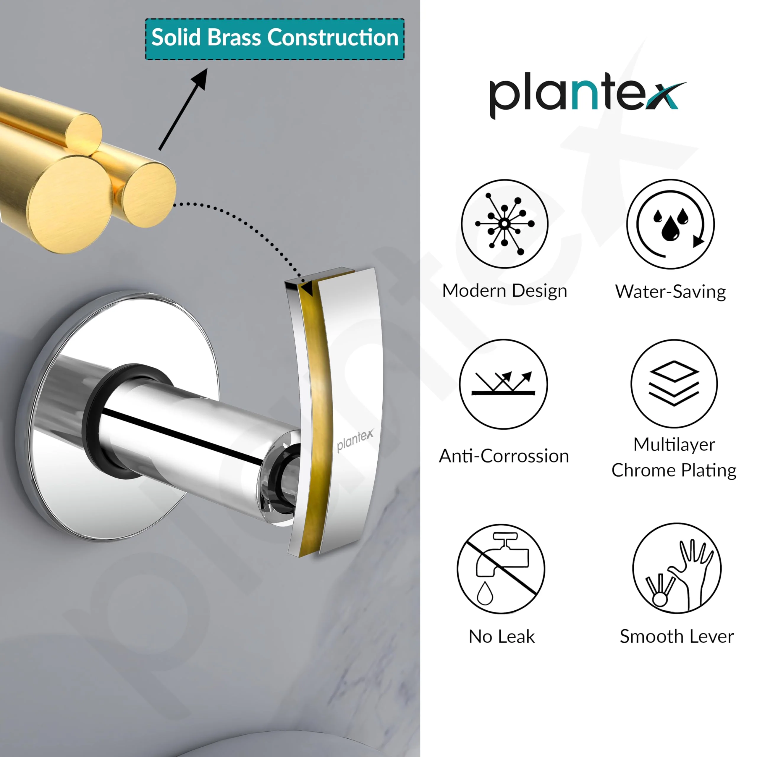 Plantex Pure Brass Concealed Stop Cock/Concealed Stop Valve Tap for Bathroom with Teflon Tape & Adjustable Brass Wall Flange – 15 mm (ZUR-1516-Silver) - Image 5