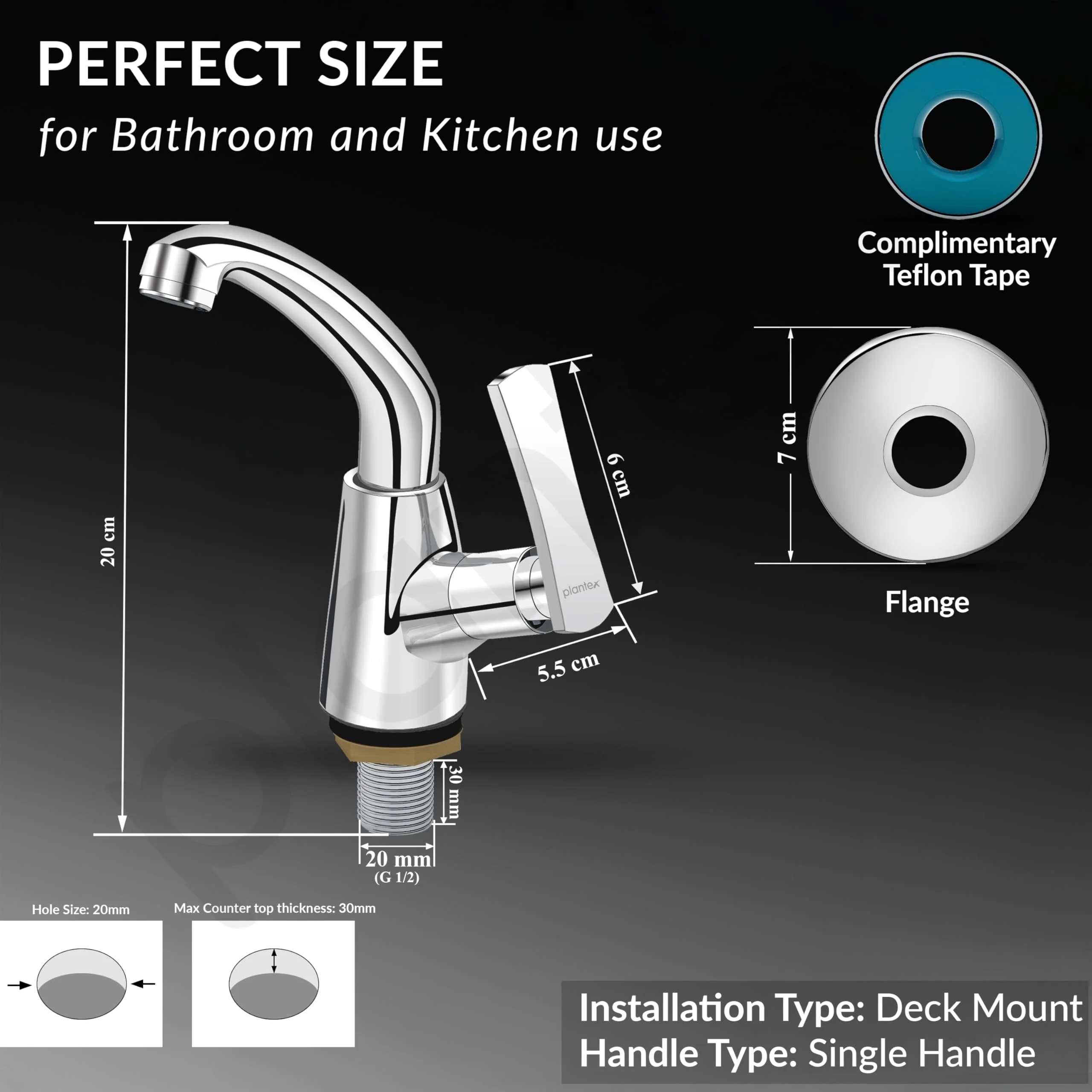 Plantex Pure Brass High Neck Pillar Cock Water Tap with Teflon Tape/360 Degree Swivel Spout/Single Lever Tabletop Basin Sink Cock - (3503, Chrome) - Image 3