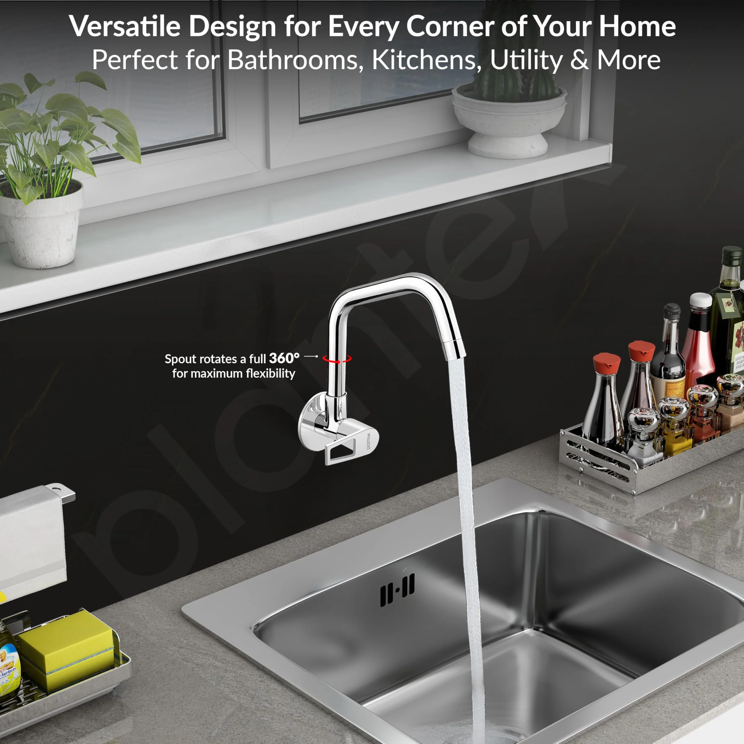 Plantex Pure Brass Kitchen Sink Tap Faucet/Wall Mount Sink Faucet with Wall Flange and Teflon Tape/Water Nal Tap with 360 Swiwel spot with Water Saving nozzel - Pack of 1 (Chrome, 3211) - Image 6