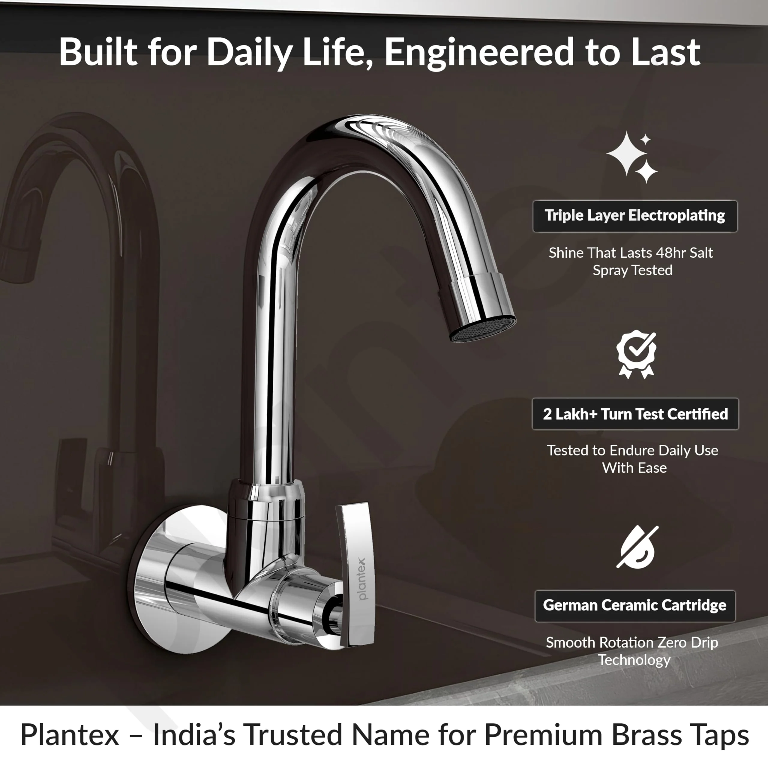 Plantex Pure Brass Kitchen Sink Tap with 360° Extended Swivel Spout with Water Saving Aerator/Sink Tap for Kitchen Basin with Brass Wall Flange-7 Year Warranty by Plantex (COL-1010- Chrome) - Image 2