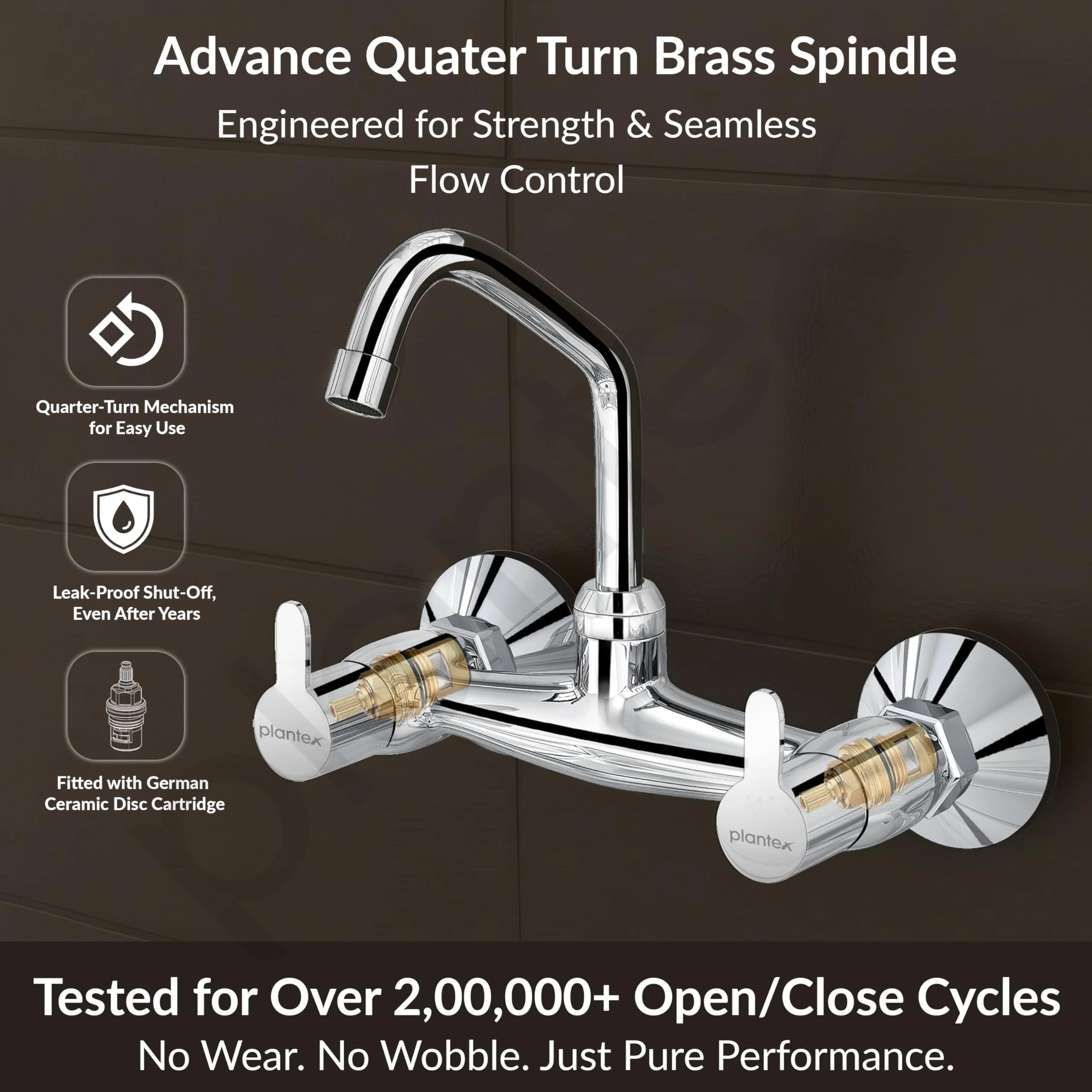 Plantex Pure Brass Kitchen Sink Tap with 360° Swivel Spout/Dual Handle Hot and Cold Water Tap for Kitchen/Sink Mixer with Brass Wall Flange and Teflon Tape (FLO-814-Chrome) - Image 2
