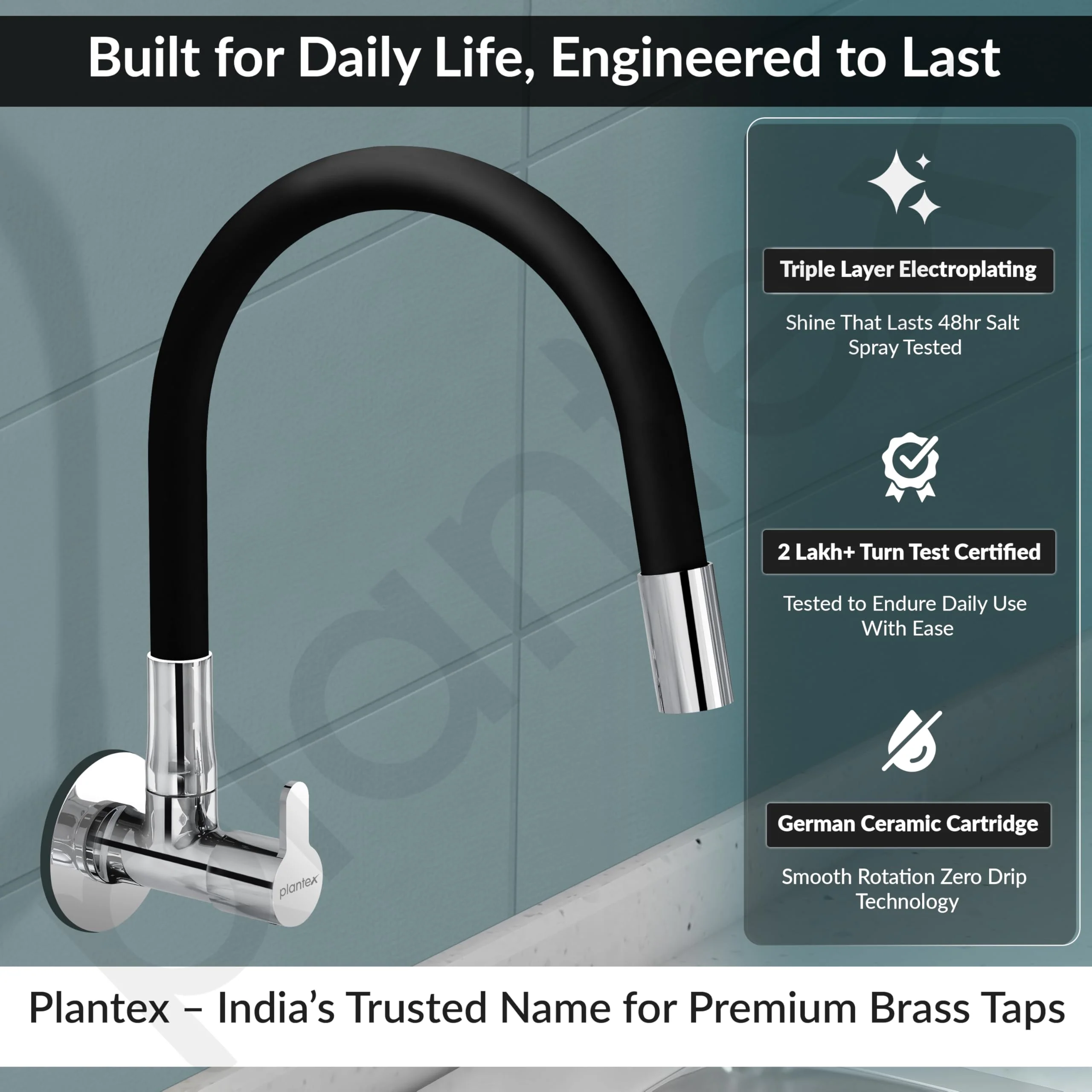 Plantex Pure Brass Kitchen Sink Tap with Brass Wall Flange and Teflon Tape/Wall Mount Kitchen Sink Faucet with Water Saving Aerator - 7 Year Warranty-(FLO-810B) - Image 2