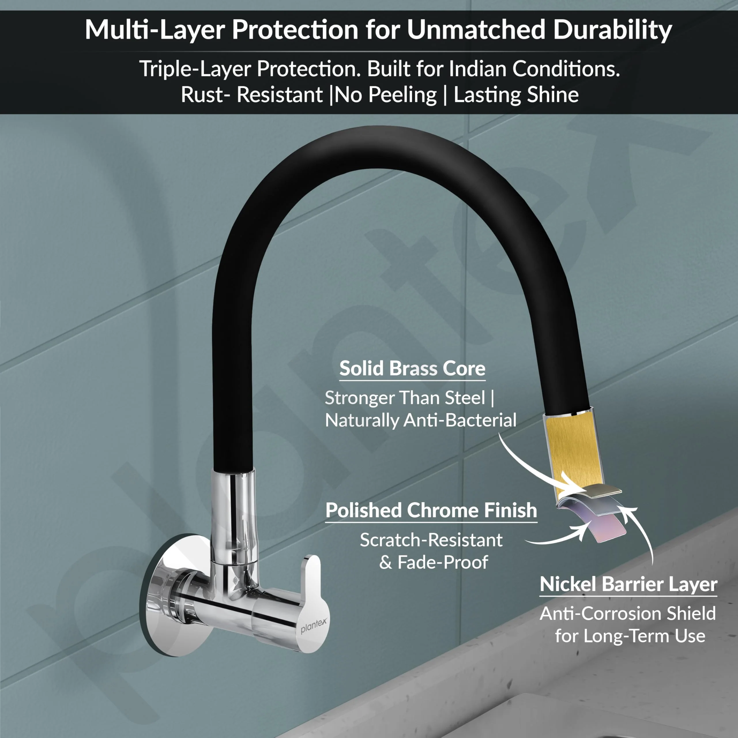 Plantex Pure Brass Kitchen Sink Tap with Brass Wall Flange and Teflon Tape/Wall Mount Kitchen Sink Faucet with Water Saving Aerator - 7 Year Warranty-(FLO-810B) - Image 5