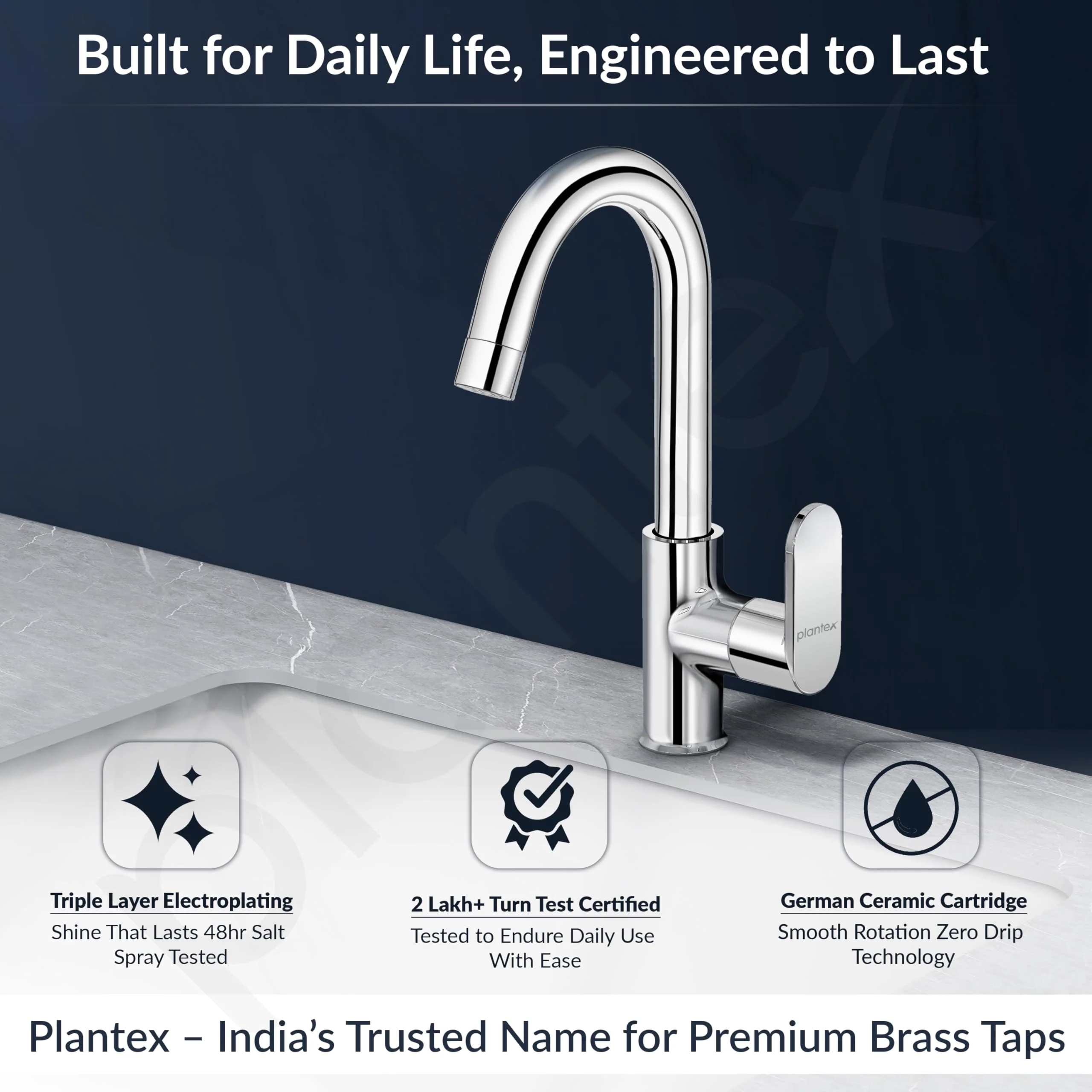 Plantex Pure Brass Kitchen Sink Tap with Water Saving Aerator/Sink Tap for Kitchen Basin with Brass Wall Flange and Teflon Tape-7 Year Warranty (ORN-212-Chrome) - Image 2