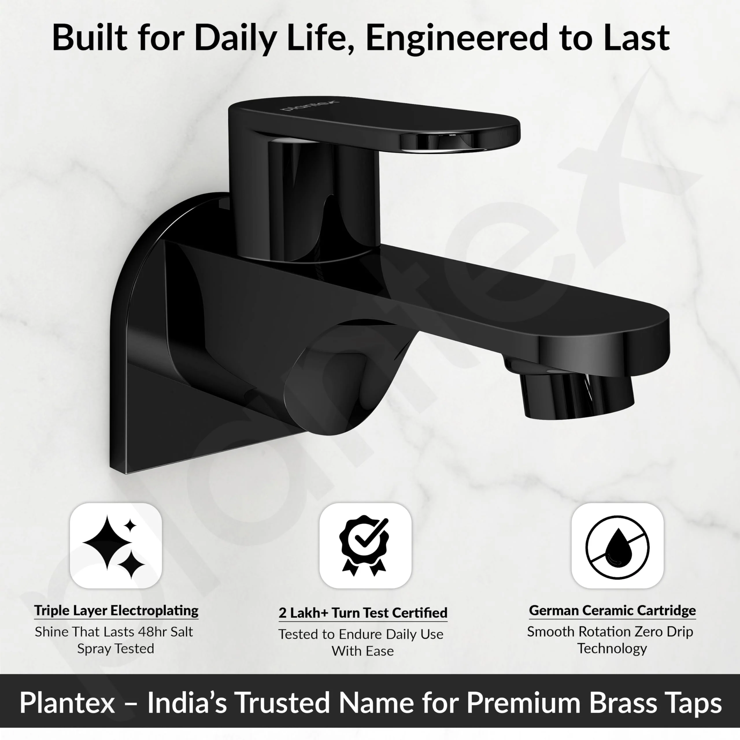 Plantex Pure Brass ORN-201 Bib Cock Water Tap with Brass Wall Flange & Teflon Tape/Bib Tap with Water Saving Aerator-7 Year Warranty (PVD Black) - Image 2