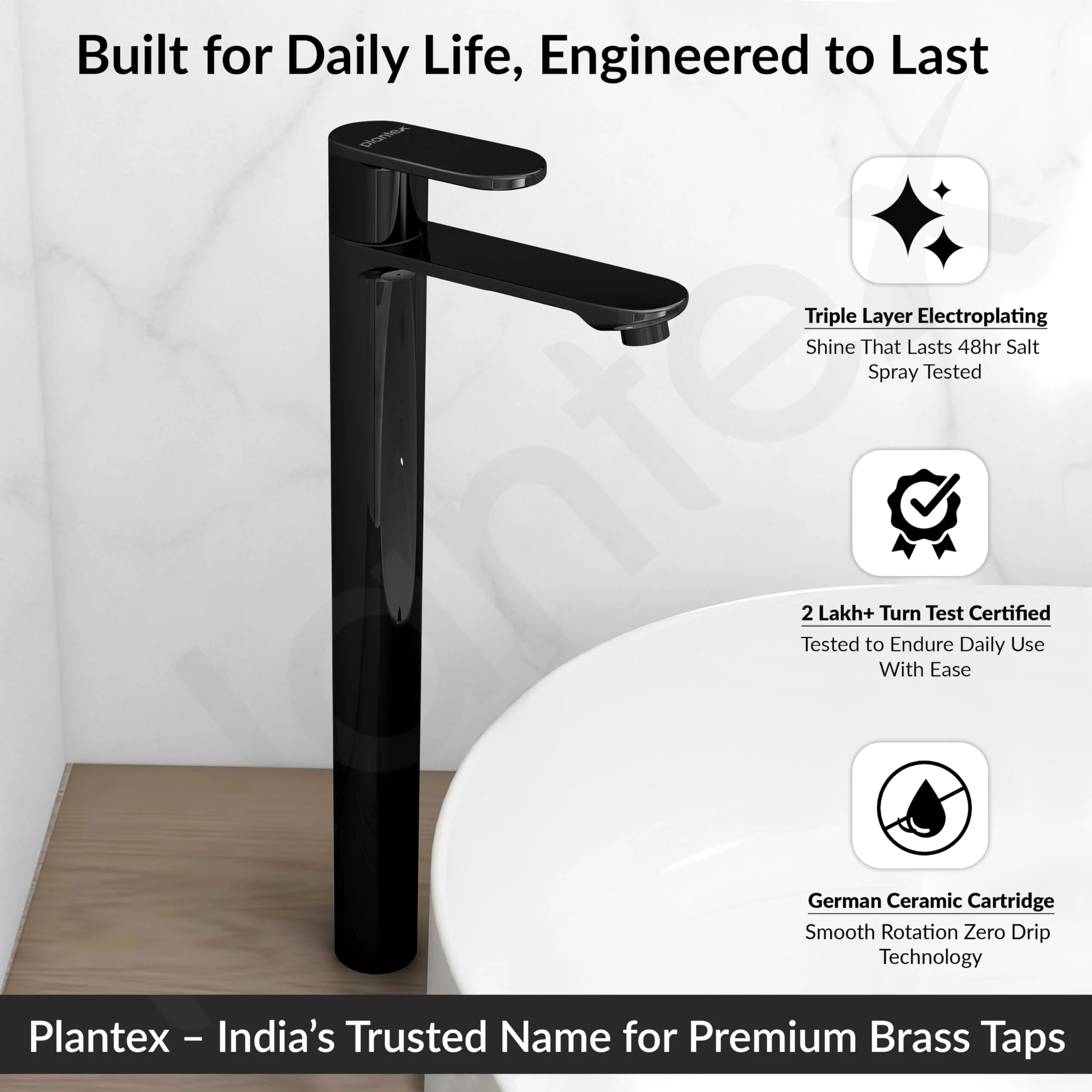 Plantex Pure Brass Pillar Tap for Wash Basin with Water Saving Aerator/High Neck Pillar Cocke for Basin/Sink Tap for Wash Basin with Teflon Tape -7 Year Warranty by Plantex-(ORN-204-PVD Black) - Image 2