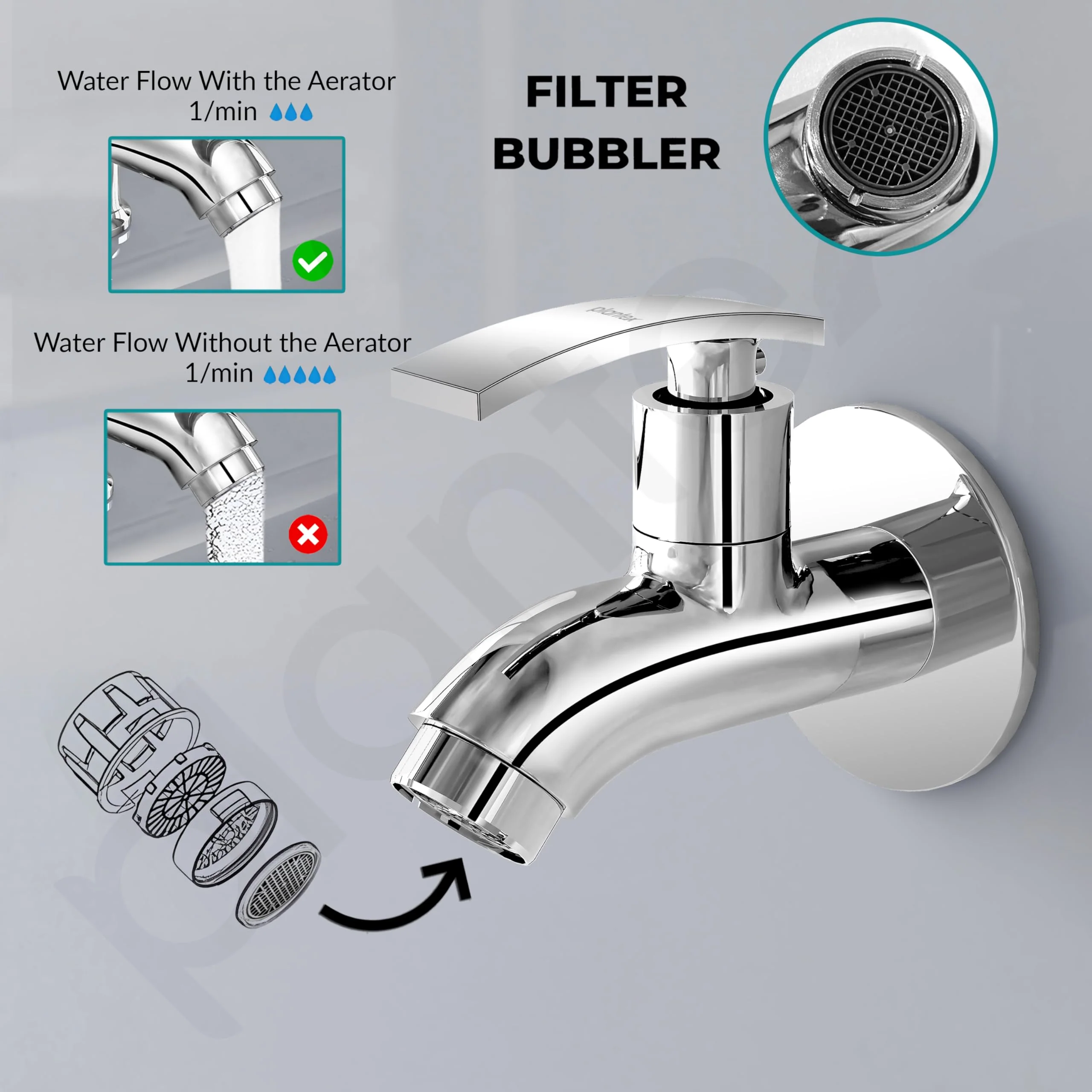 Plantex Pure Brass Single Lever Short Body Bib Tap with Water Saving Techonlogy Tap/Water Tap with Teflon Tape & Wall Flange for Bathroom (ZUR-1502, Chrome) - Image 5