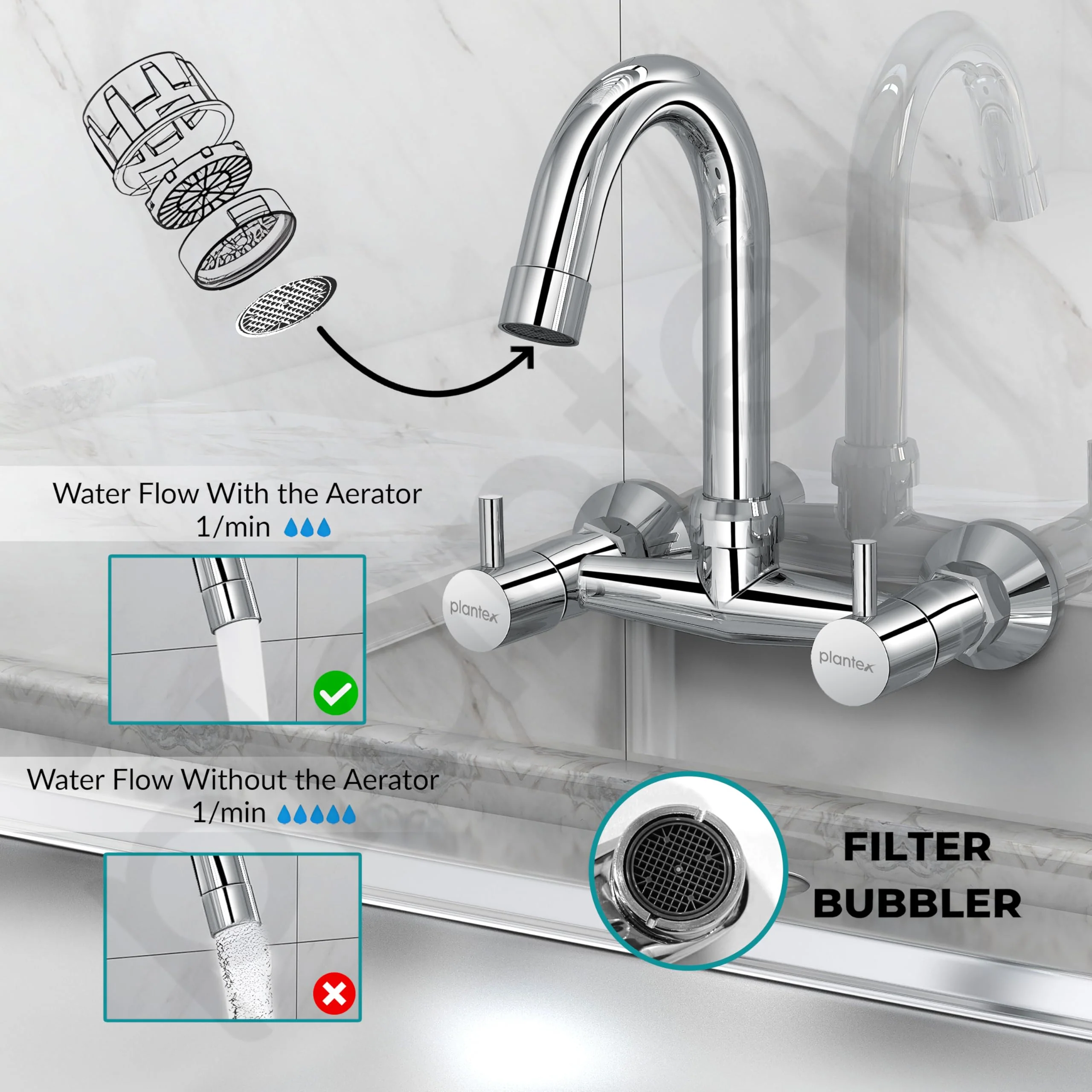 Plantex Pure Brass Sink Mixer Tap Hot and Cold with 360ยฐSwivel Spout/Mixer Tap for Kitchen Sink with Brass Wall Flange and Teflon Tape/Kitchen Sink Tap-(Mirror-Chrome Finish) - Image 5