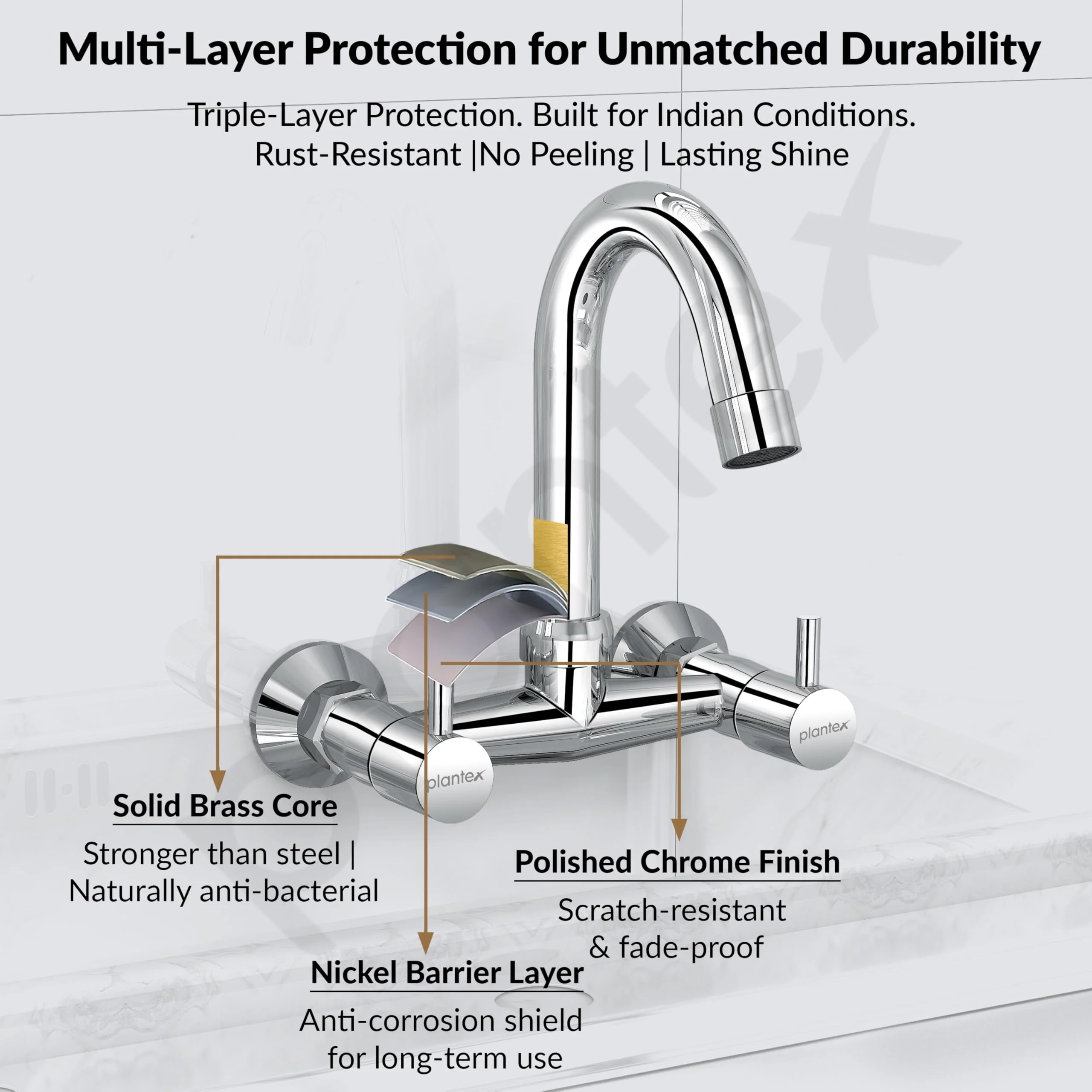 Plantex Pure Brass Sink Mixer Tap Hot and Cold with 360ยฐSwivel Spout/Mixer Tap for Kitchen Sink with Brass Wall Flange and Teflon Tape/Kitchen Sink Tap-(Mirror-Chrome Finish) - Image 7