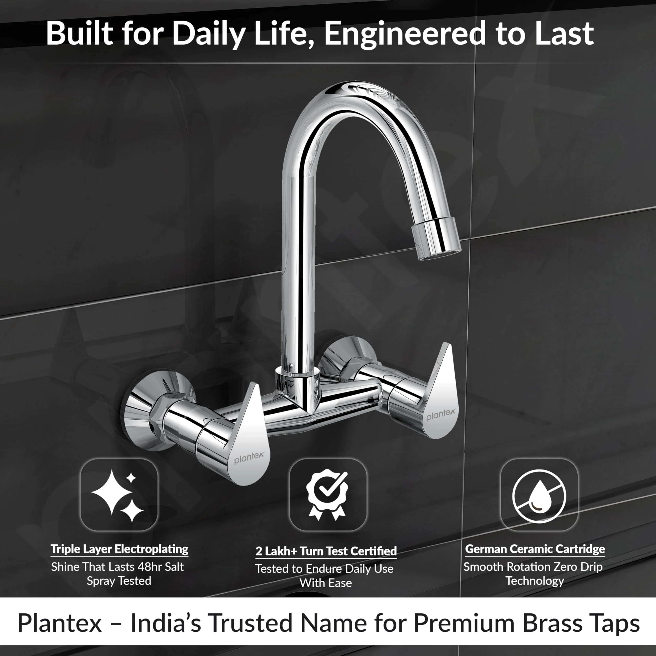 Plantex Pure Brass Sink Mixer Tap/Wall Mount Hot and Cold Tap for Bathroom/Double Handle Water Taps for Bathroom Basin with Brass Wall Flange & Teflon Tape (PAC-1814, Chrome) - Image 3