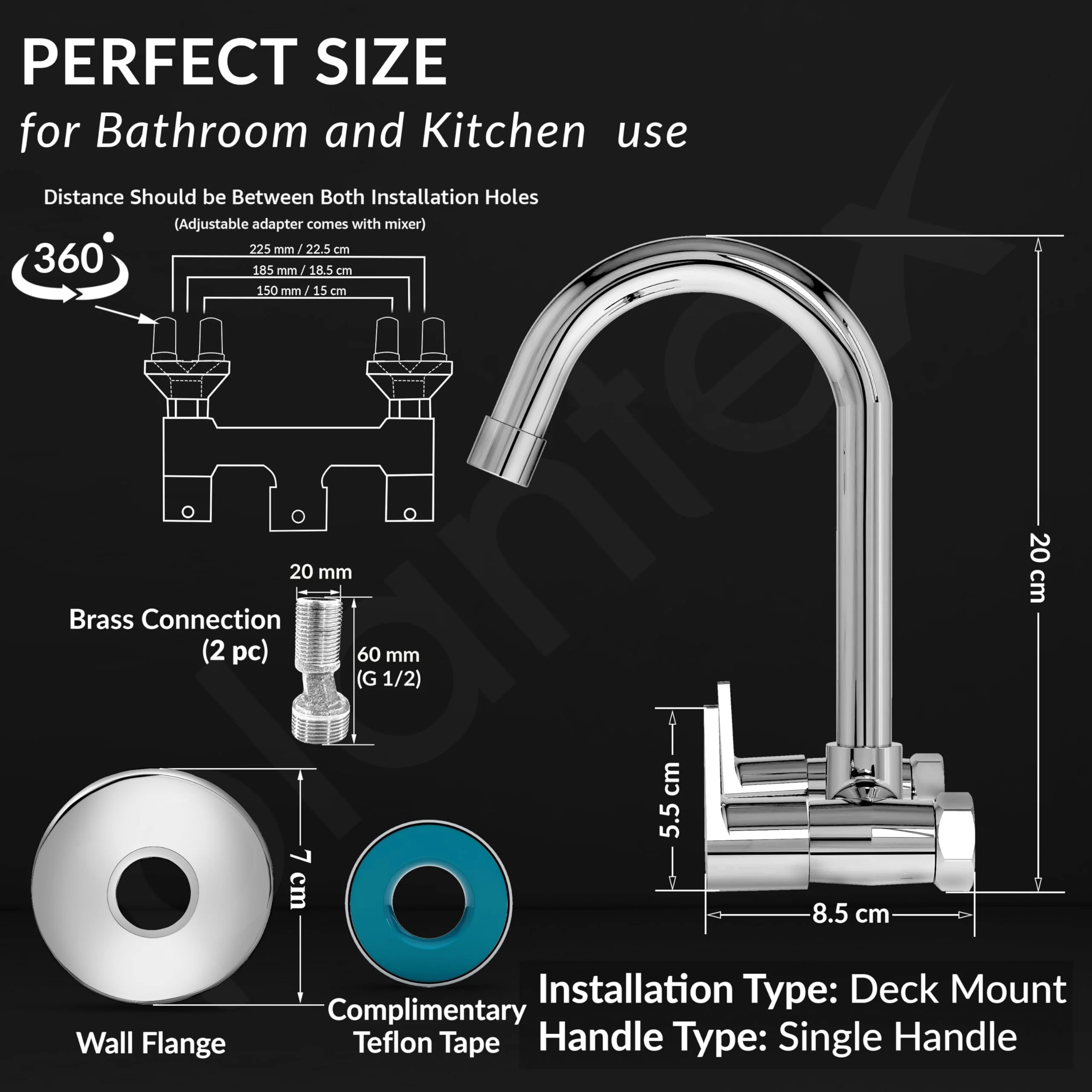 Plantex Pure Brass Sink Mixer Tap/Wall Mount Hot and Cold Tap for Bathroom/Double Handle Water Taps for Bathroom Basin with Brass Wall Flange & Teflon Tape (PAC-1814, Chrome) - Image 4