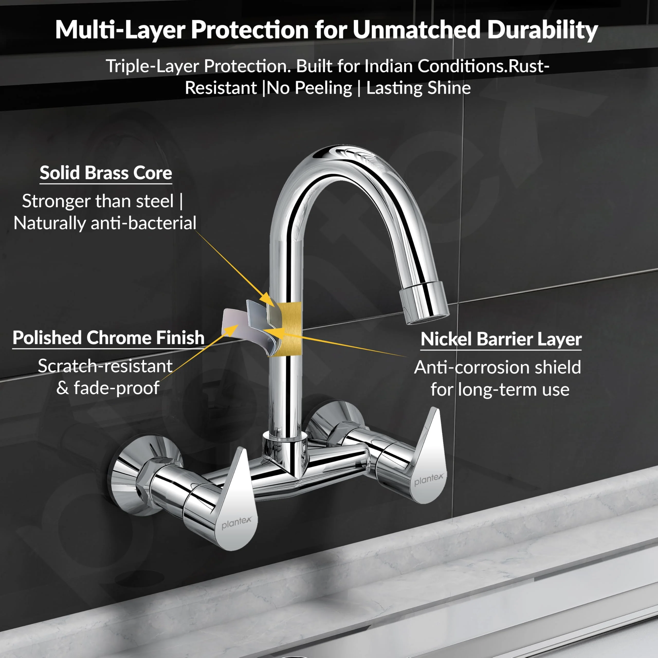 Plantex Pure Brass Sink Mixer Tap/Wall Mount Hot and Cold Tap for Bathroom/Double Handle Water Taps for Bathroom Basin with Brass Wall Flange & Teflon Tape (PAC-1814, Chrome) - Image 5