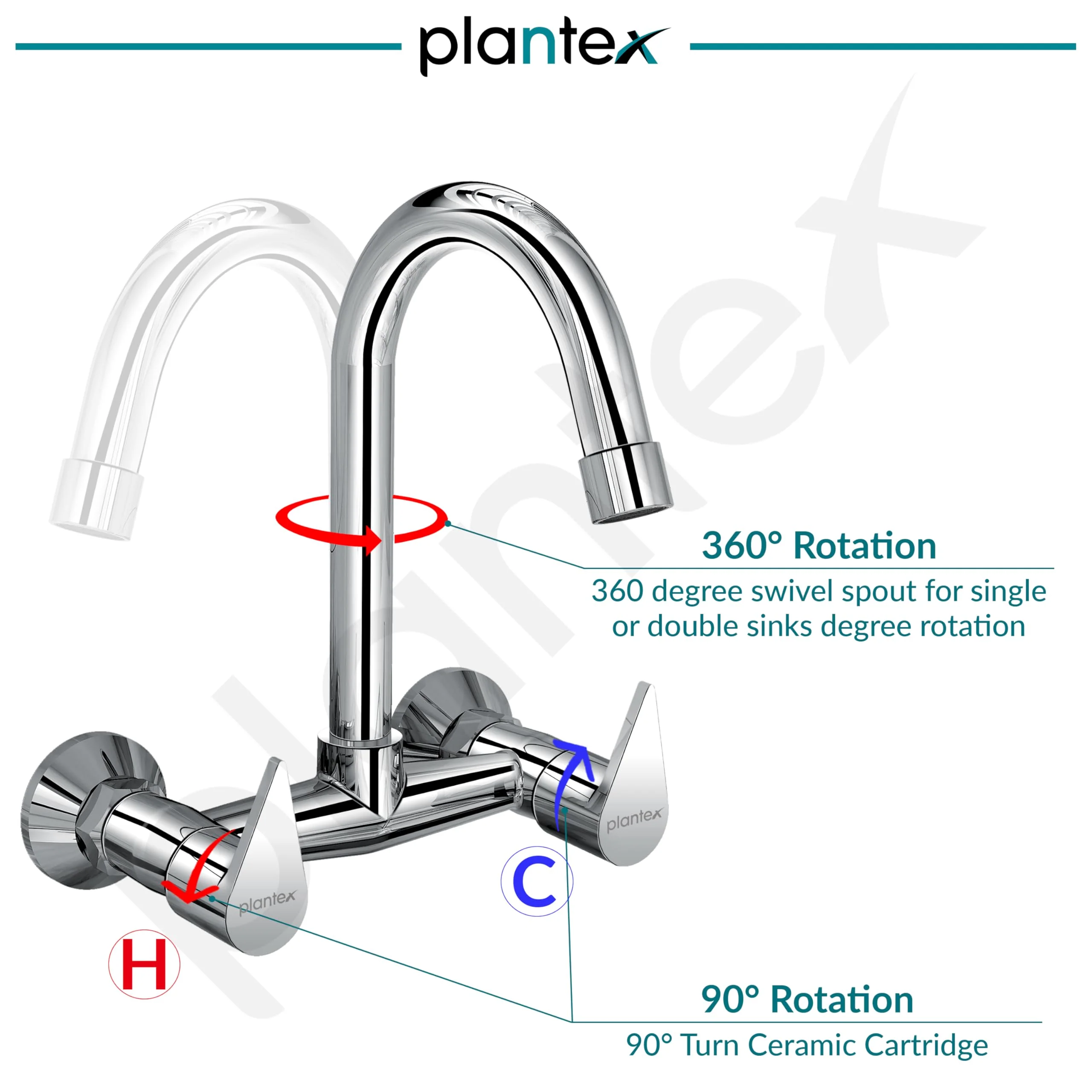 Plantex Pure Brass Sink Mixer Tap/Wall Mount Hot and Cold Tap for Bathroom/Double Handle Water Taps for Bathroom Basin with Brass Wall Flange & Teflon Tape (PAC-1814, Chrome) - Image 6
