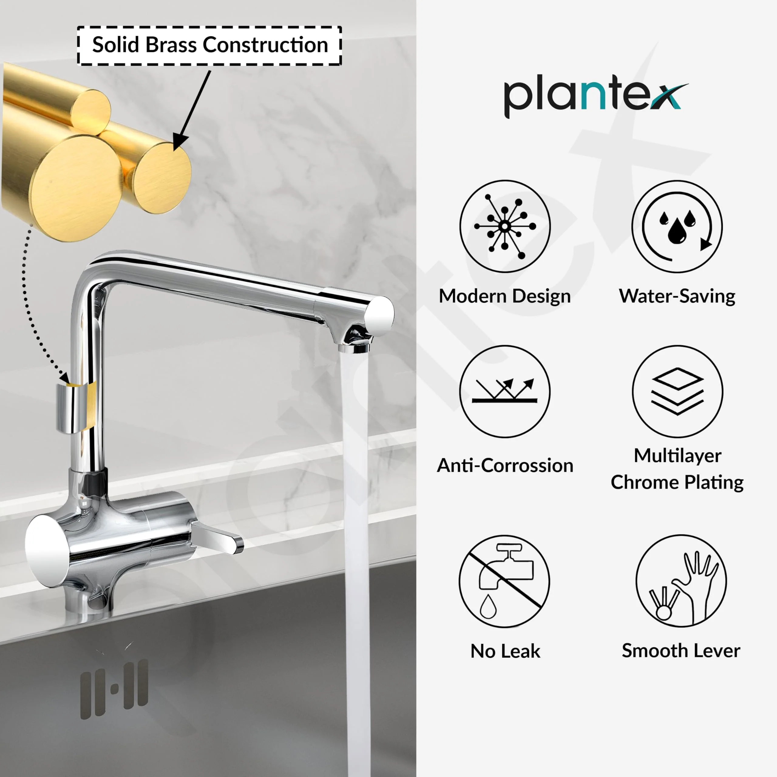 Plantex Pure Brass Sink Tap for Kitchen Basin with 360ยฐ Swivel Spout/Kitchen Sink Tap/Faucet for Kitchen with Brass Wall Flange and Teflon Tape (ORE-1412-Chrome) - Image 6