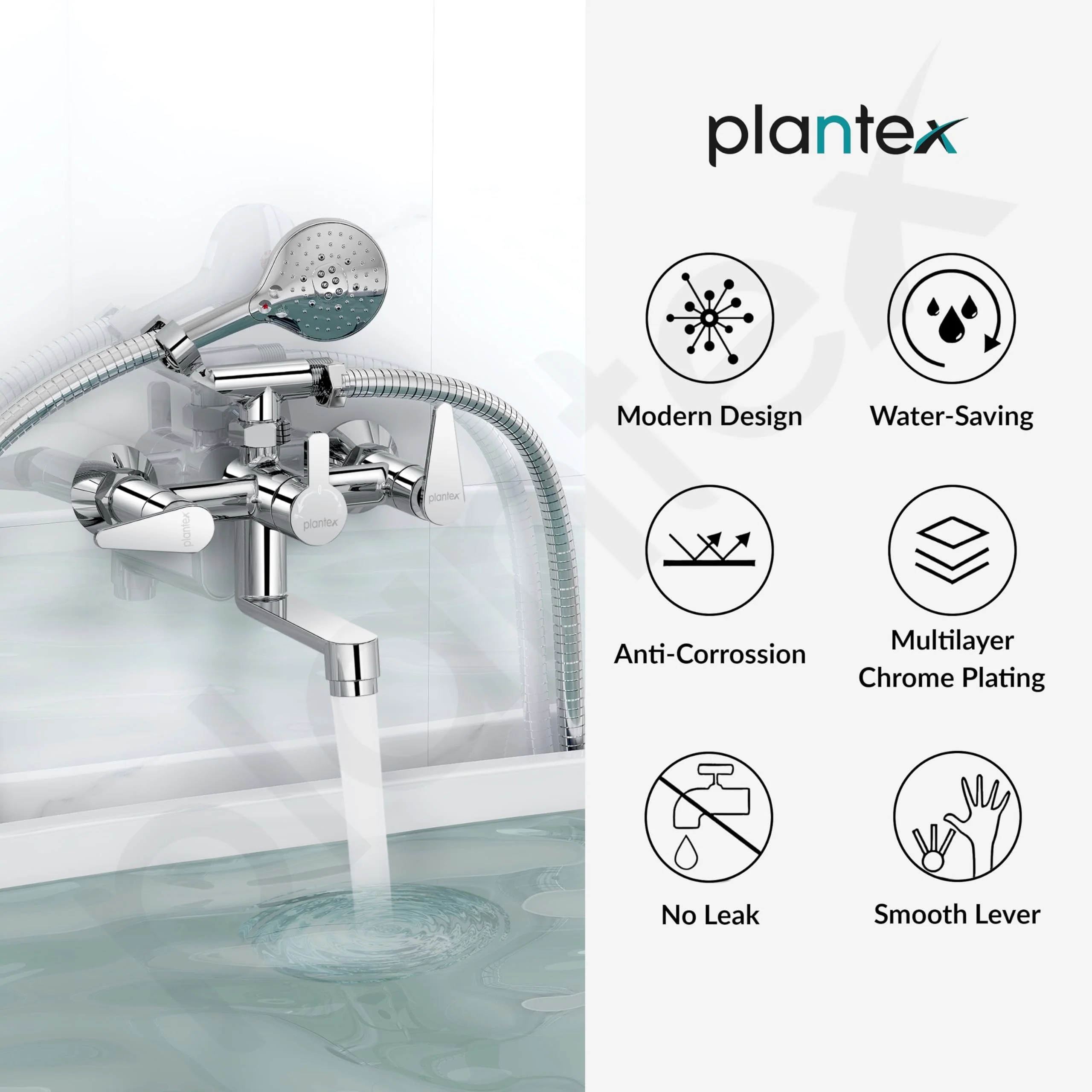 Plantex Pure Brass Telephonic Wall Mixer with Crutch Arranging of Hot & Cold Water with Water Saving Nozzle for Bathroom with Brass Wall Flange -(LEA-717-Chrome) - Image 7