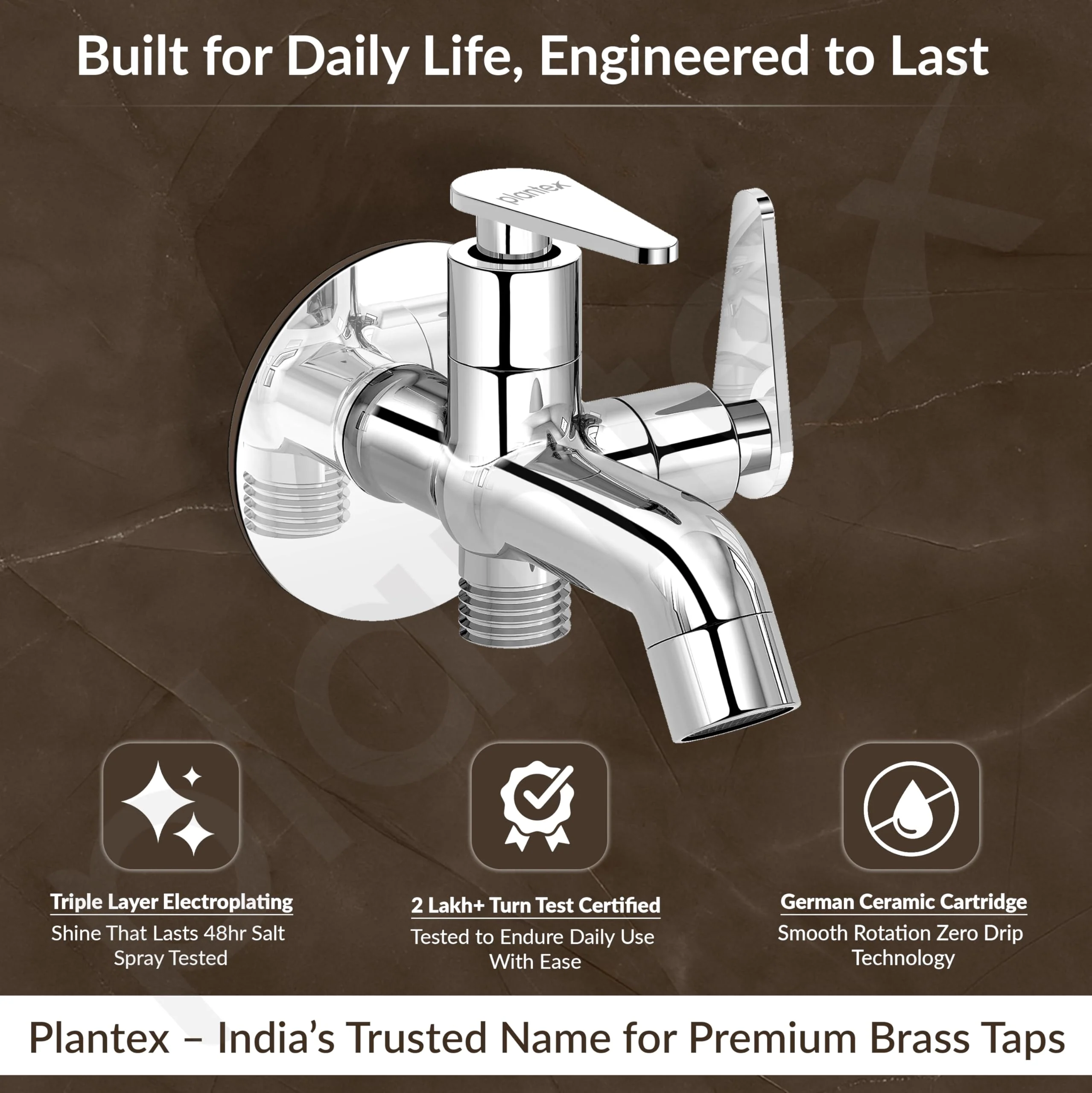 Plantex Pure Brass Two Way Bib Cock Taps Compatible for Washing Machine with Water Saving Nozzle Attachment/2 in 1 Bib Tap with Brass Wall Flange and Teflon Tape-(LEA-707-Chrome) - Image 3