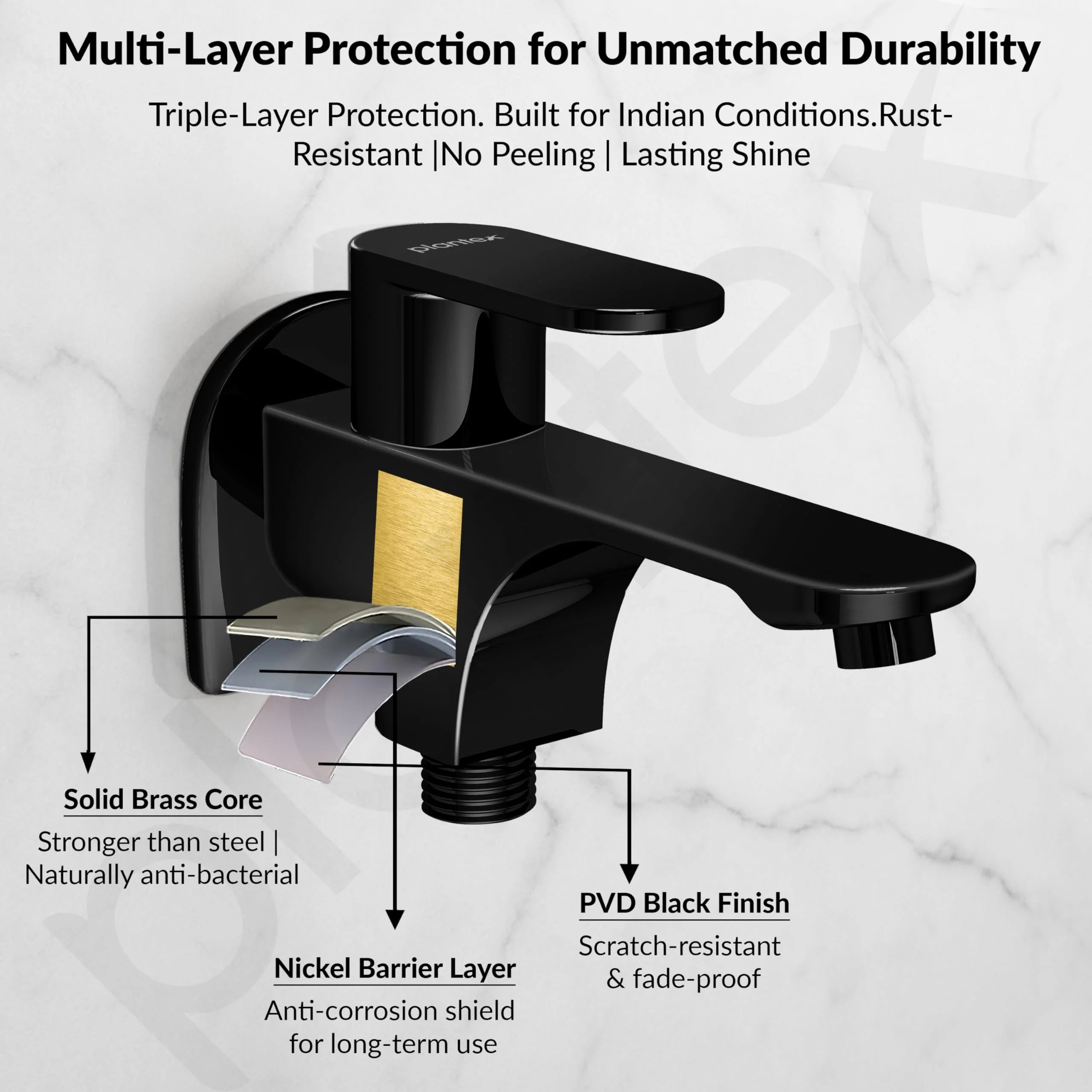 Plantex Pure Brass Two Way Bib Cock Taps with Water Saving Nozzle/Compatible for Washing Machine/2 in 1 Bib Tap with Brass Wall Flange and Teflon Tape - 7 Year Warranty by Plantex-(PVD Black) - Image 3