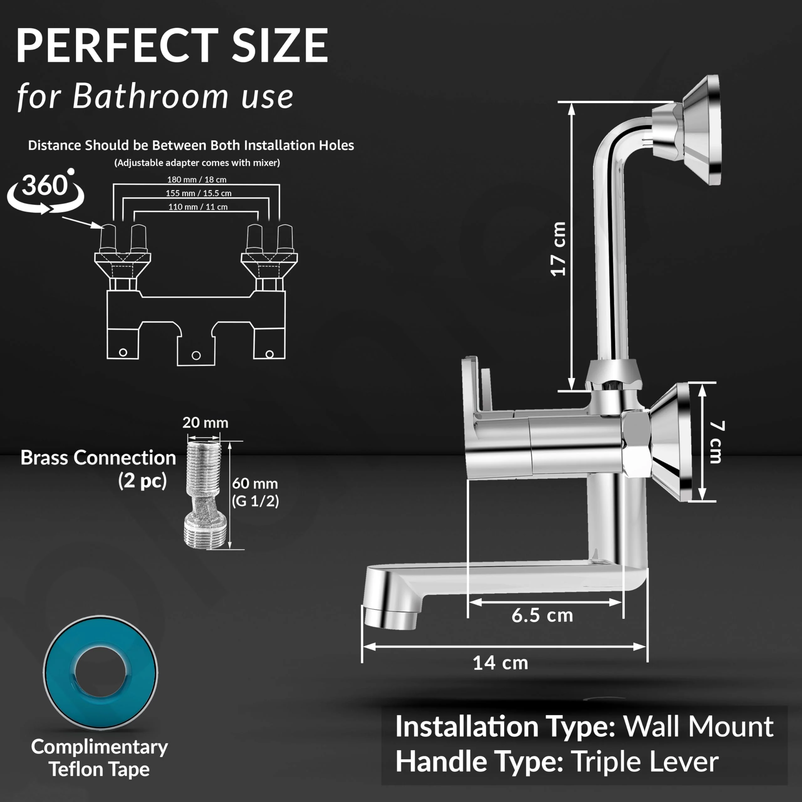 Plantex Pure Brass Wall Mixer for Bathroom 2 in 1 with L-Bend Provision for Overhead Shower/Mixer Tap for Bathroom -7 Year Warranty by Plantex -(Pac-1818-Chrome) - Image 4
