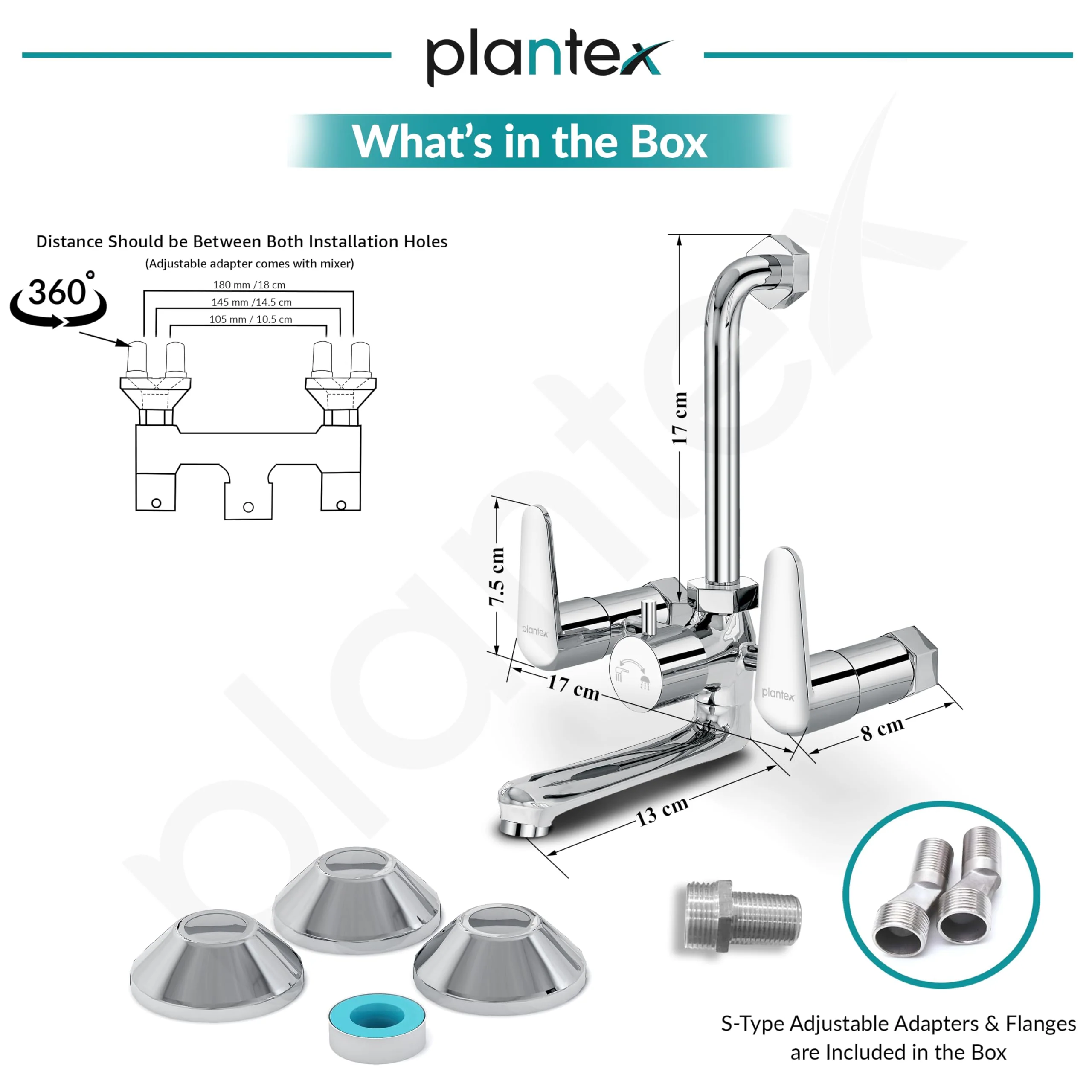 Plantex Pure Brass Wall Mixer for Bathroom 2 in 1 with L-Bend Connector/Tap Mixer/Nickel Chrome Mirror Finish Mixture Tap with Water Saving Aerotor - (DOL-2320-Chrome) - Image 3