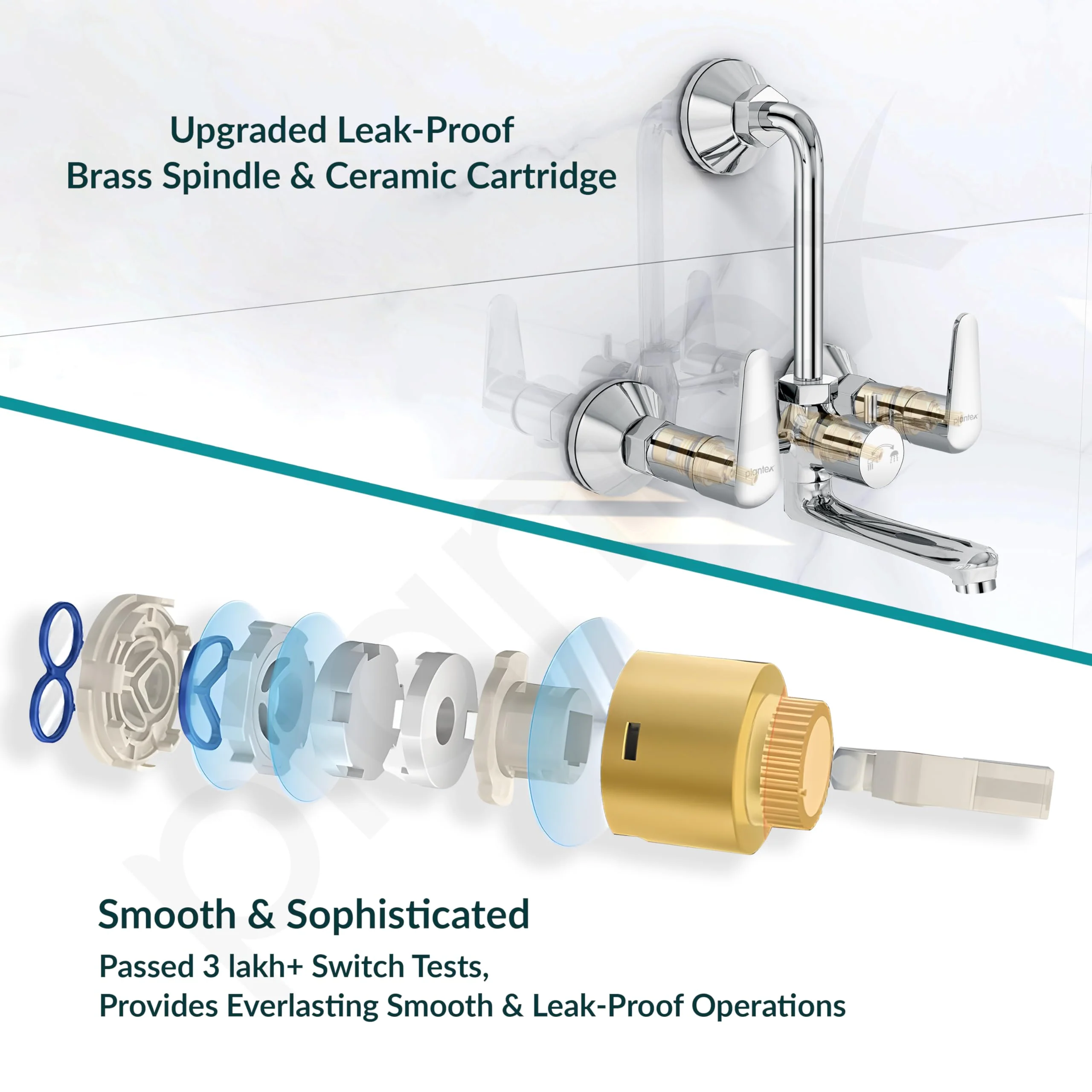 Plantex Pure Brass Wall Mixer for Bathroom 2 in 1 with L-Bend Connector/Tap Mixer/Nickel Chrome Mirror Finish Mixture Tap with Water Saving Aerotor - (DOL-2320-Chrome) - Image 4