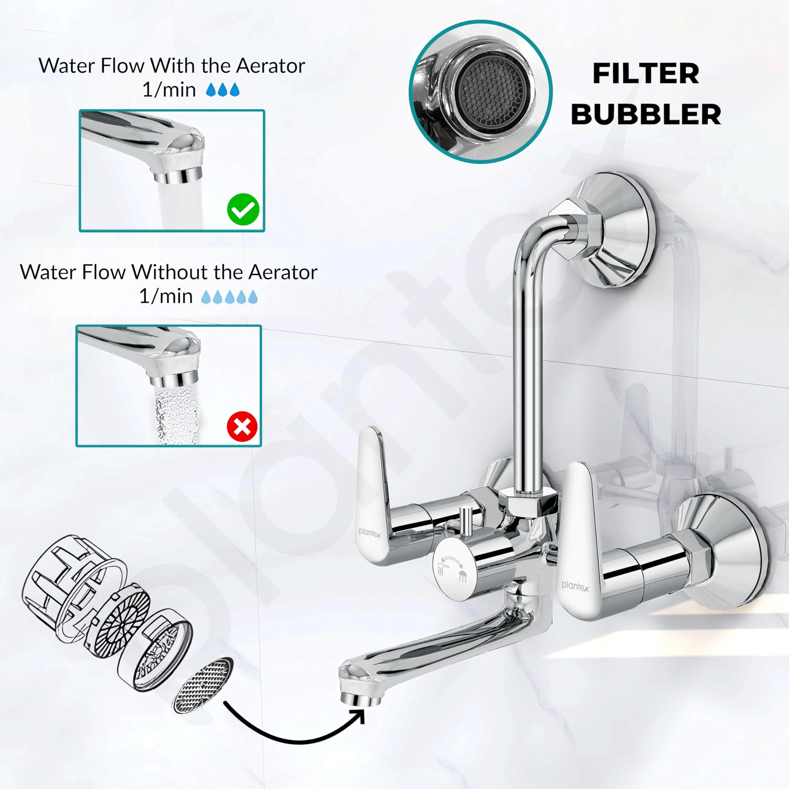 Plantex Pure Brass Wall Mixer for Bathroom 2 in 1 with L-Bend Connector/Tap Mixer/Nickel Chrome Mirror Finish Mixture Tap with Water Saving Aerotor - (DOL-2320-Chrome) - Image 5
