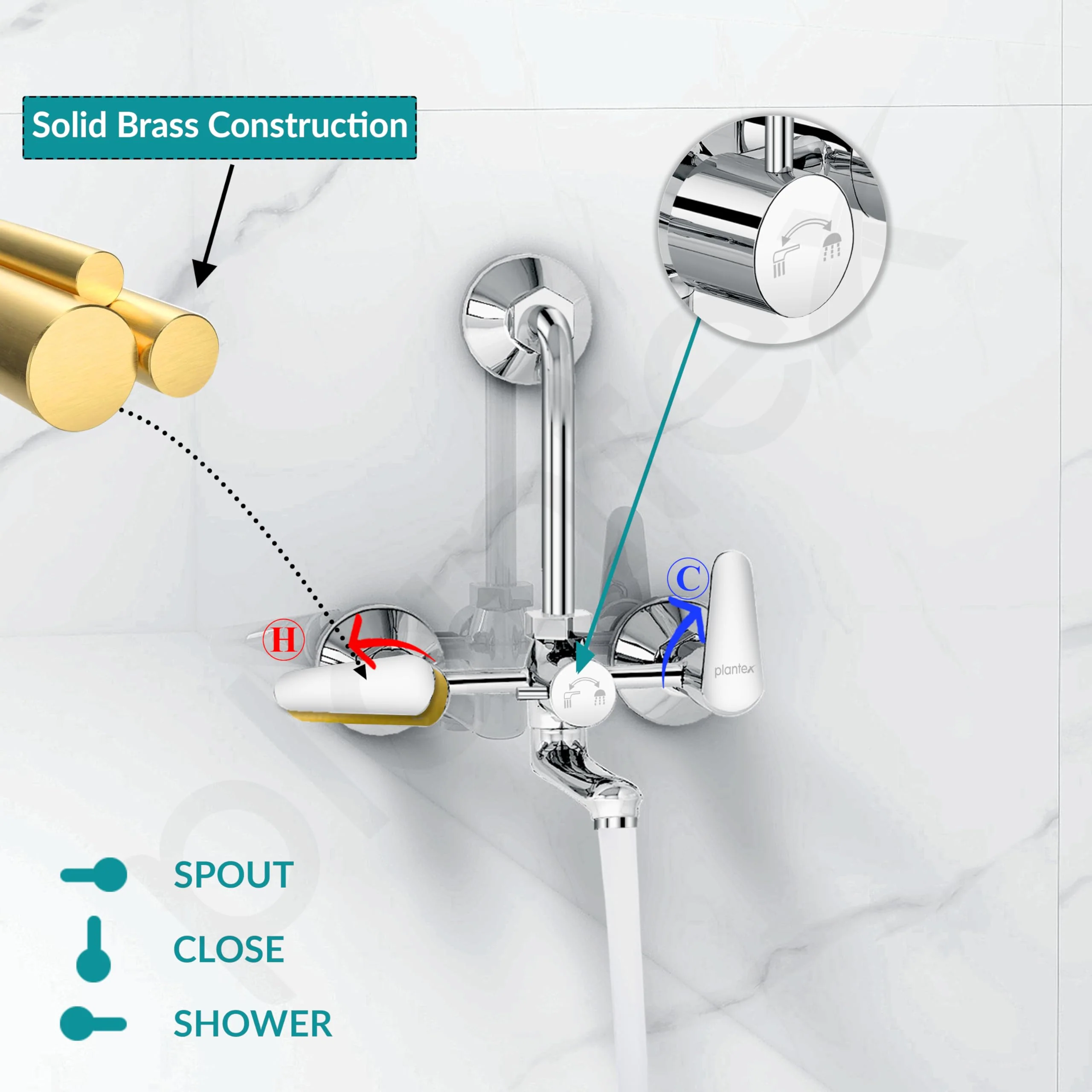 Plantex Pure Brass Wall Mixer for Bathroom 2 in 1 with L-Bend Connector/Tap Mixer/Nickel Chrome Mirror Finish Mixture Tap with Water Saving Aerotor - (DOL-2320-Chrome) - Image 6