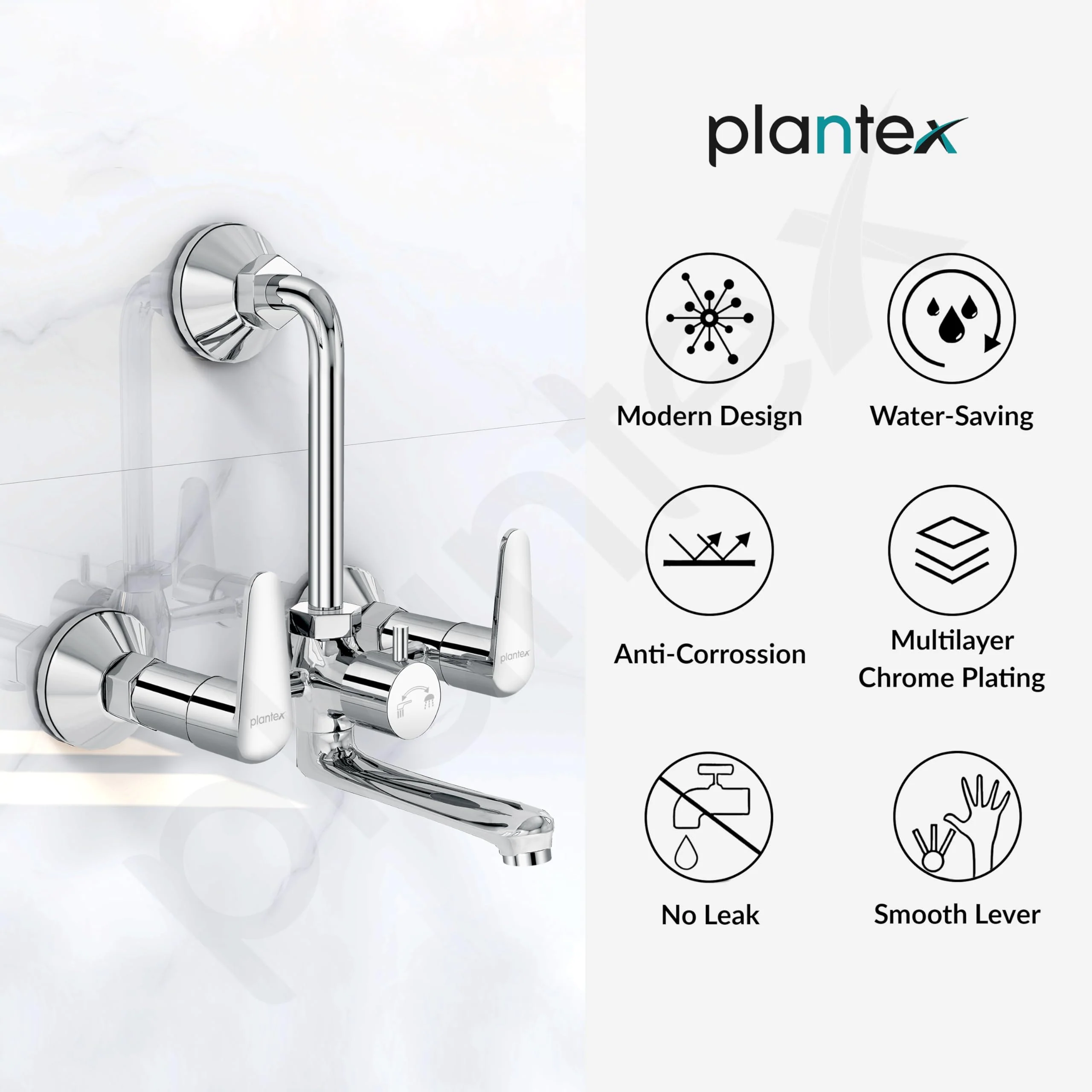 Plantex Pure Brass Wall Mixer for Bathroom 2 in 1 with L-Bend Connector/Tap Mixer/Nickel Chrome Mirror Finish Mixture Tap with Water Saving Aerotor - (DOL-2320-Chrome) - Image 7