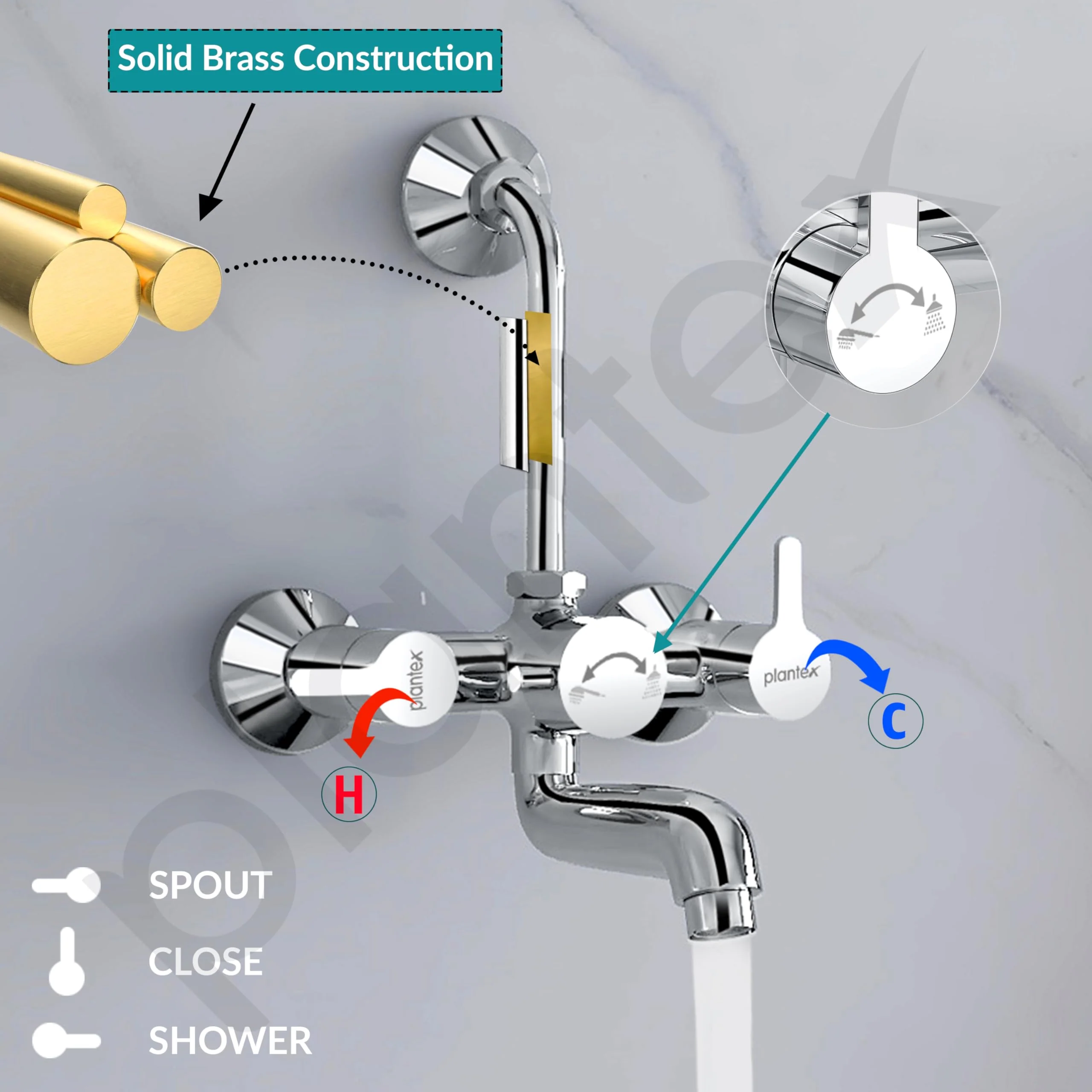 Plantex Pure Brass Wall Mixer for Bathroom 2 in 1 with L-Bend Provision for Overhead Shower/Mixer Tap for Bathroom with Water Saving Nozzle Aerator - 7 Year Warranty by Plantex (Ore-1420, Chrome) - Image 4