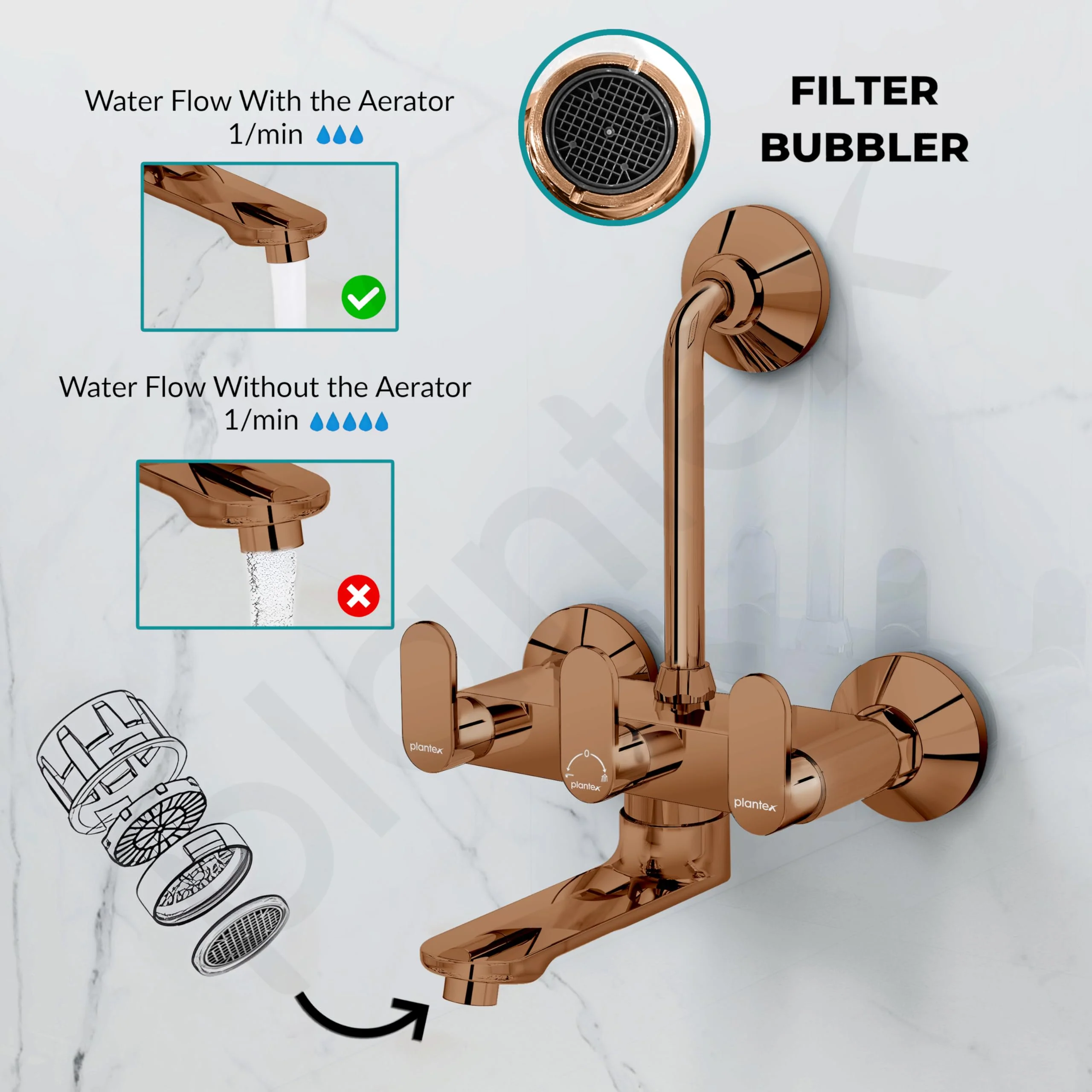 Plantex Pure Brass Wall Mixer for Bathroom 2 In1 with L-Bend Provison for Overhead Shower/Mixer Tap for Bathroom with Water Saving Aerator -7 Year Warranty by Plantex (Orn-218- Rose Gold) - Image 5