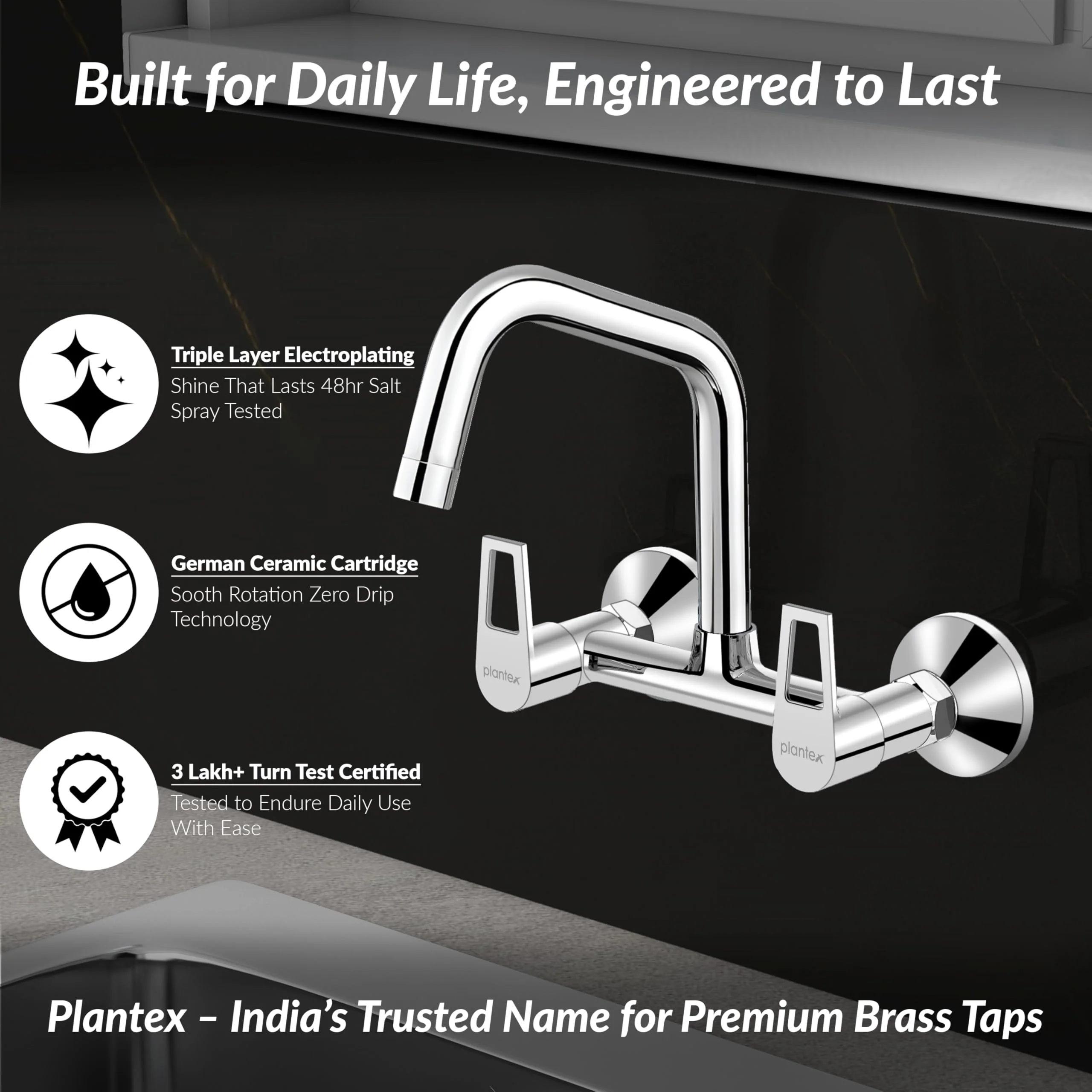 Plantex Pure Brass Wall Mount Sink Mixer Tap/Hot & Cold Kitchen Faucet with 360° Swivel Spout/Wall Mounted Water Tap - Pack of 1 (Chrome, 3224) - Image 3