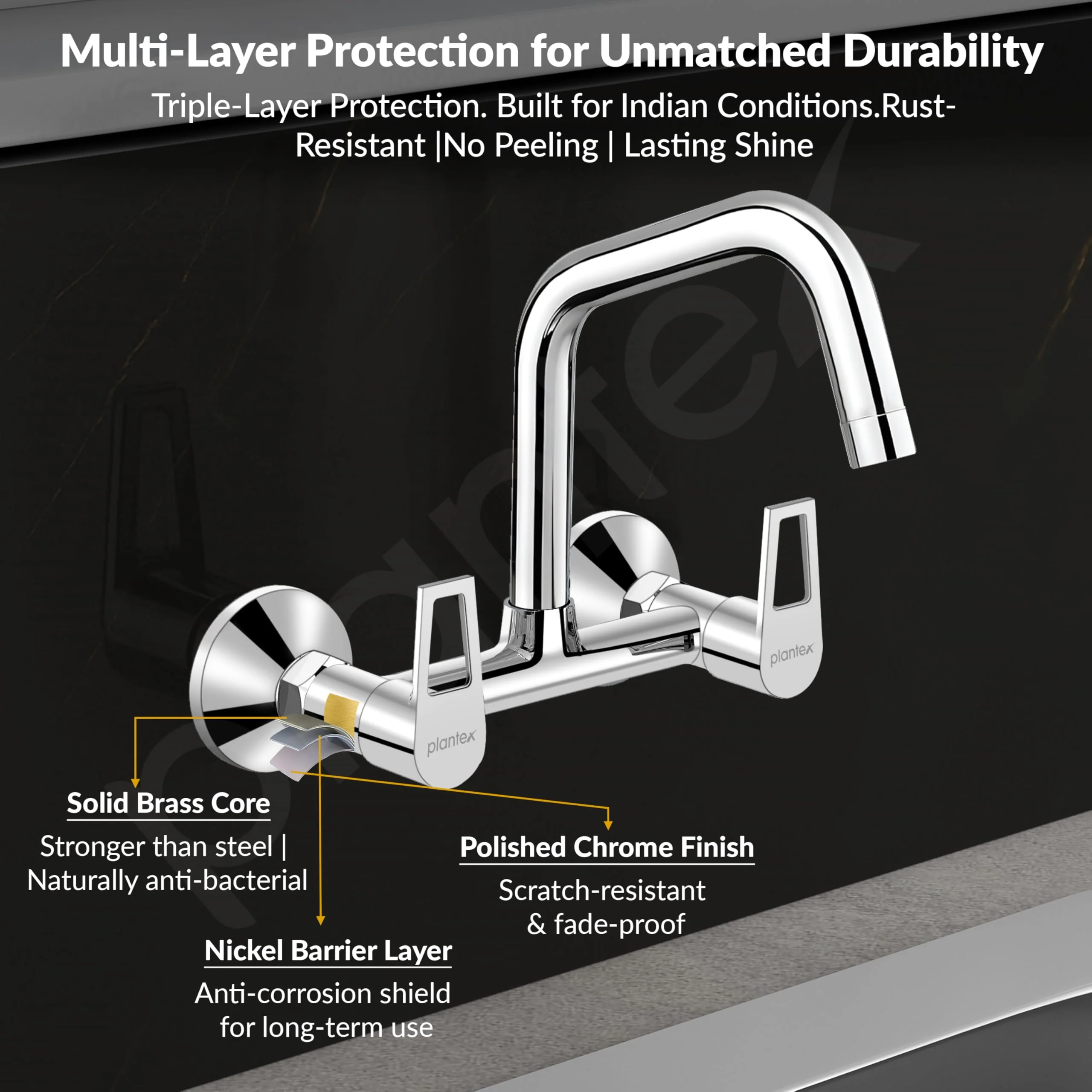 Plantex Pure Brass Wall Mount Sink Mixer Tap/Hot & Cold Kitchen Faucet with 360° Swivel Spout/Wall Mounted Water Tap - Pack of 1 (Chrome, 3224) - Image 5