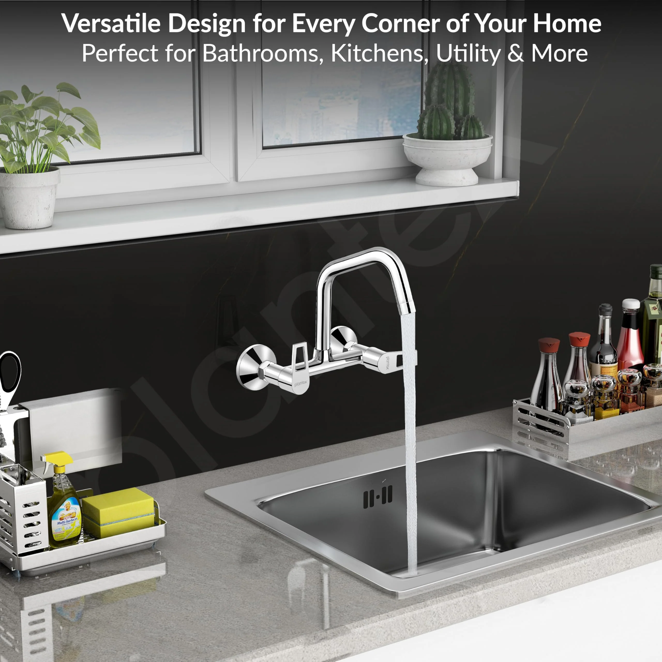 Plantex Pure Brass Wall Mount Sink Mixer Tap/Hot & Cold Kitchen Faucet with 360° Swivel Spout/Wall Mounted Water Tap - Pack of 1 (Chrome, 3224) - Image 6