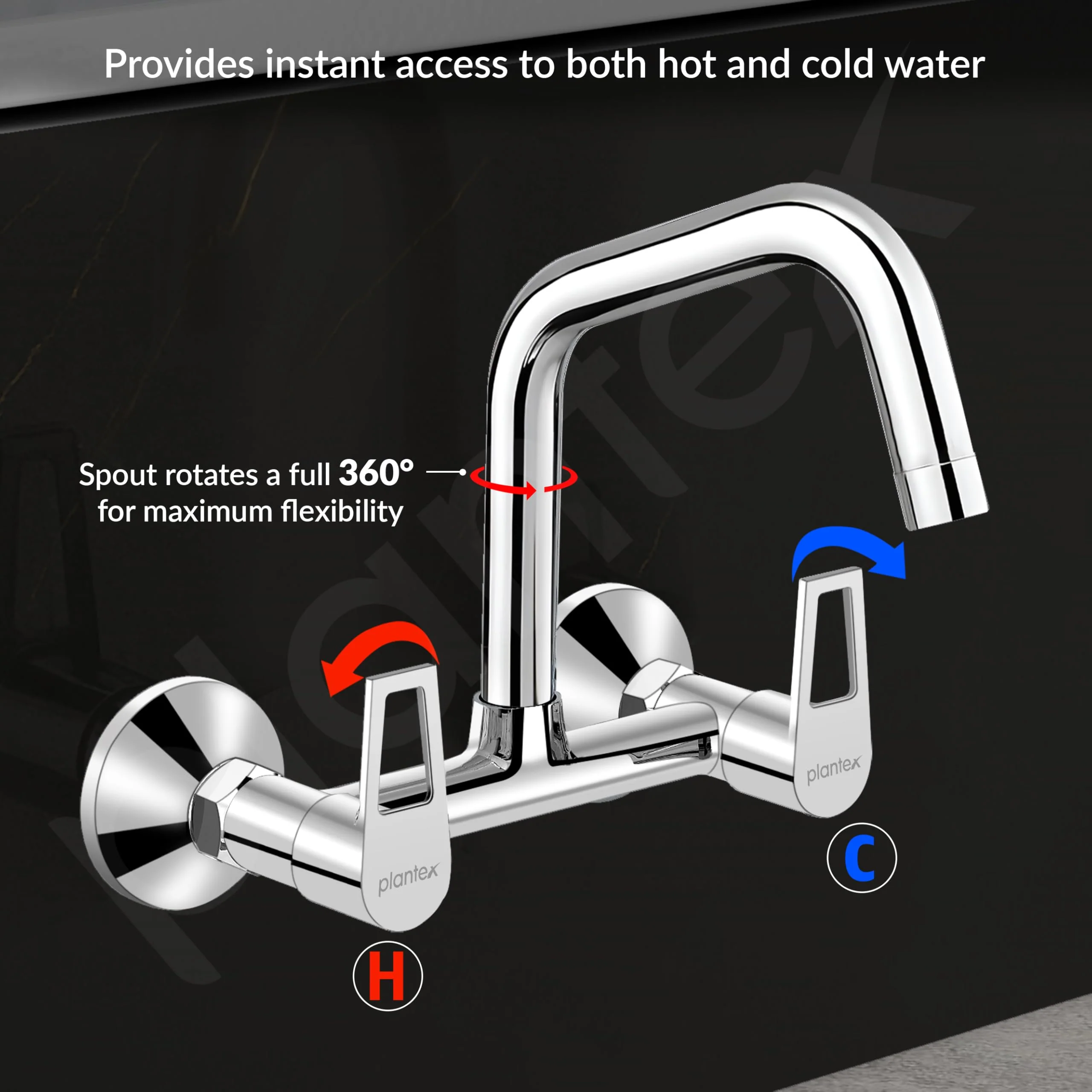Plantex Pure Brass Wall Mount Sink Mixer Tap/Hot & Cold Kitchen Faucet with 360° Swivel Spout/Wall Mounted Water Tap - Pack of 1 (Chrome, 3224) - Image 7
