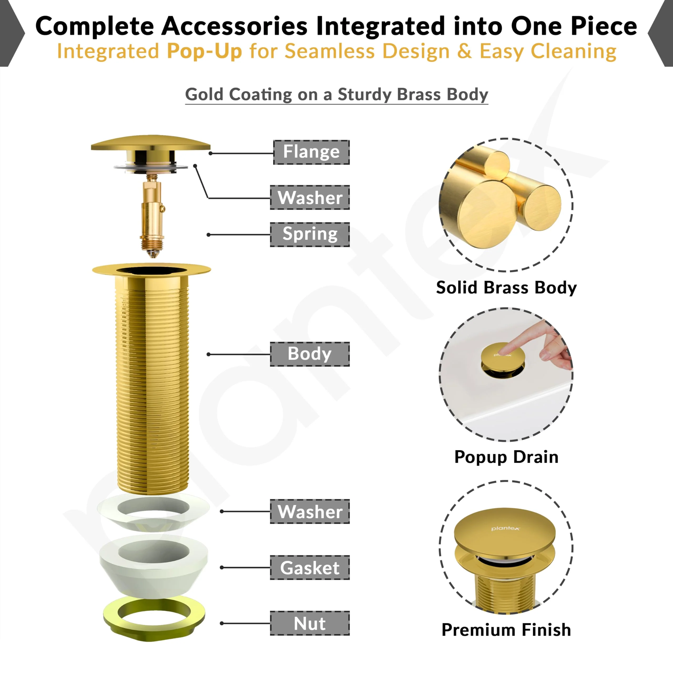 Plantex Pure Brass Waste Coupling/5 inch Drain Outlet System Full Thread Pop up Waste Coupling for Wash Basin (Glossy Gold - Pack of 1) - Image 5