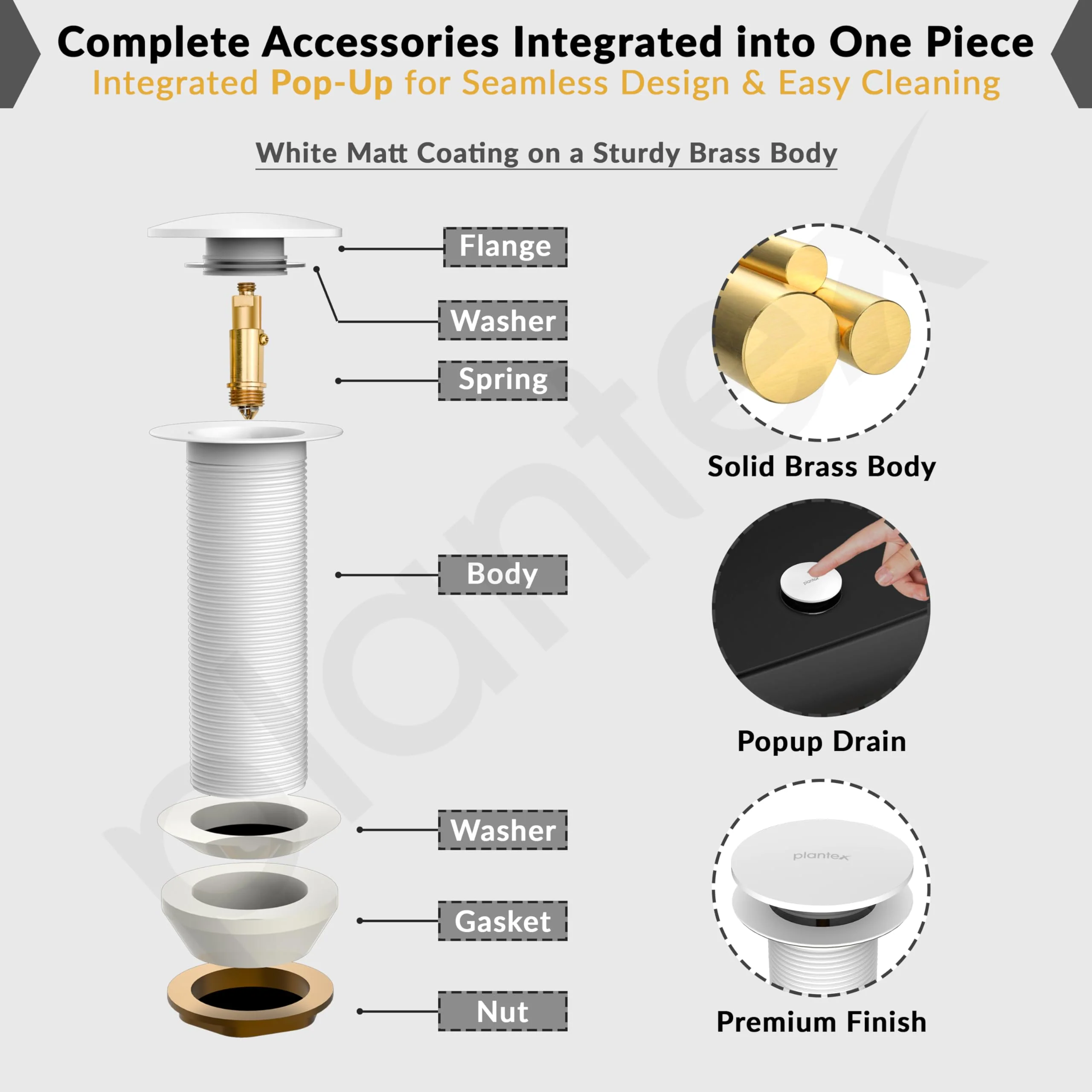 Plantex Pure Brass Waste Coupling for Wash Basin/ 5 inch Drain Out let System Full Thread Pop up Waste Coupling (Matt White - Pack of 1) - Image 5