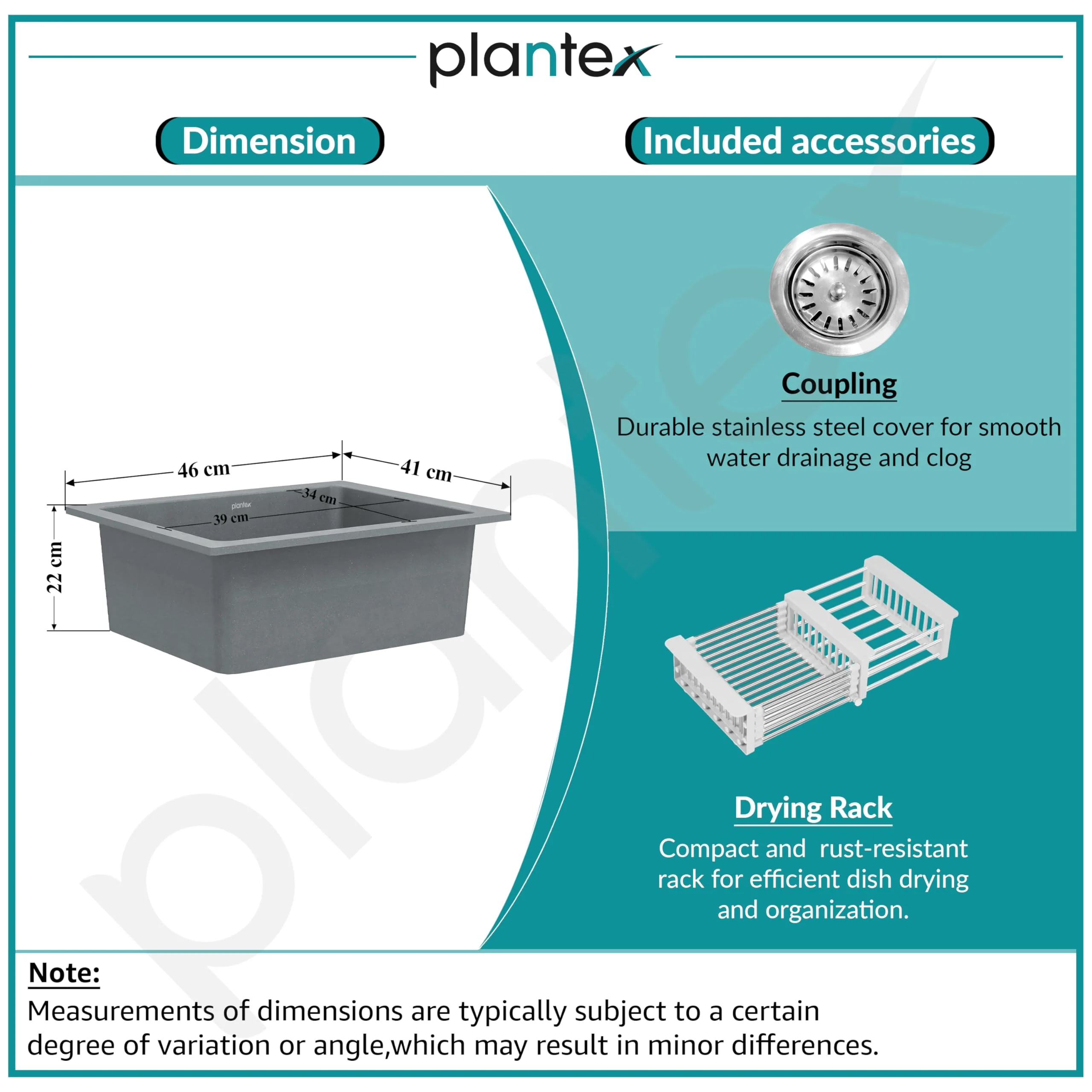 Plantex Quartz Acrylic Kitchen Sink/Undermount Sink For Kitchen/Metalic Single Bowl Kitchen Sinks With Coupling (Lintus 16X18 Inches), Silver - Image 4