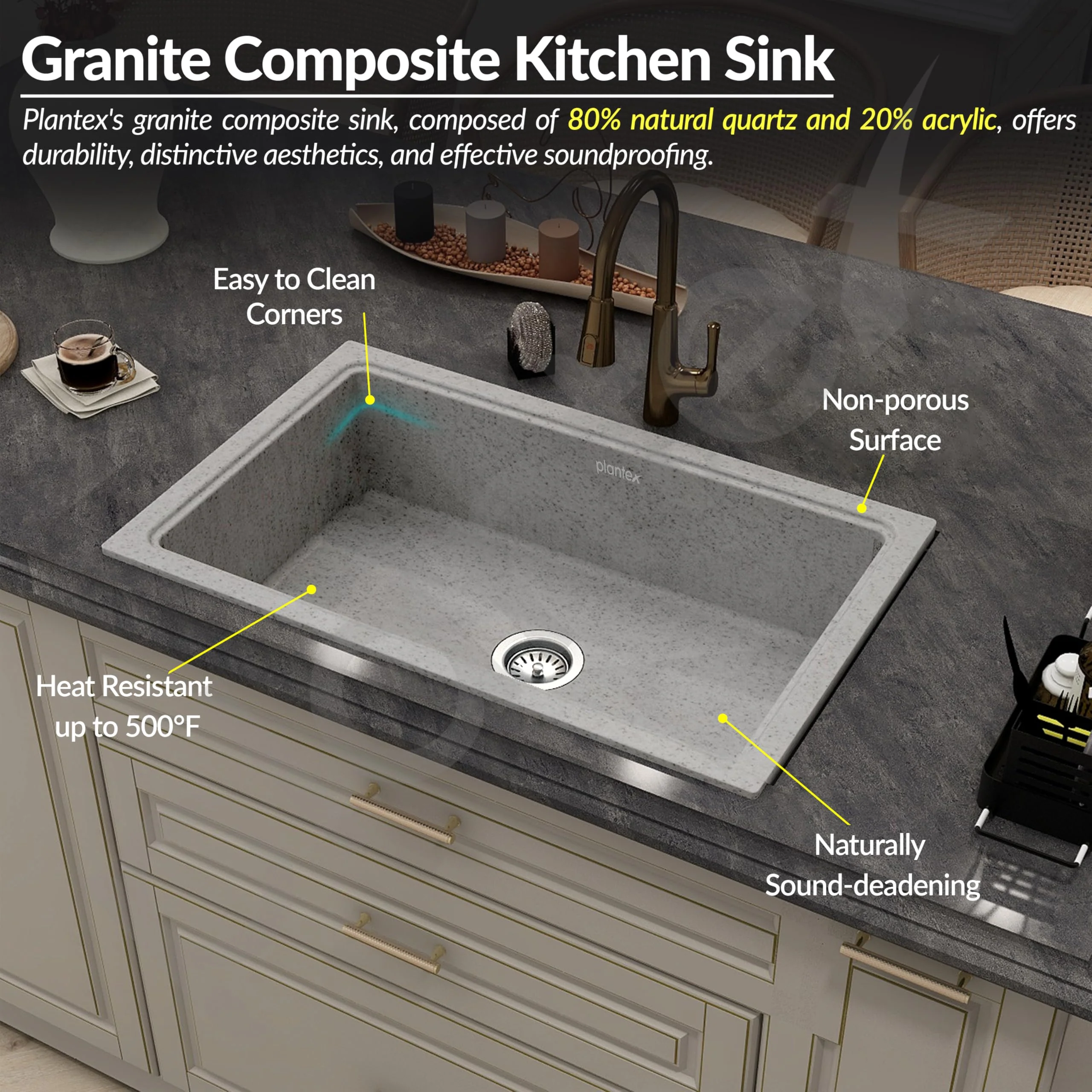 Plantex Quartz Acrylic Kitchen Sink/Undermount Sink for Kitchen with 10 Years Warranty by Plantex/Granite Single Bowl Kitchen Sinks with Coupling (Brun 32x20 Inches) - Image 5
