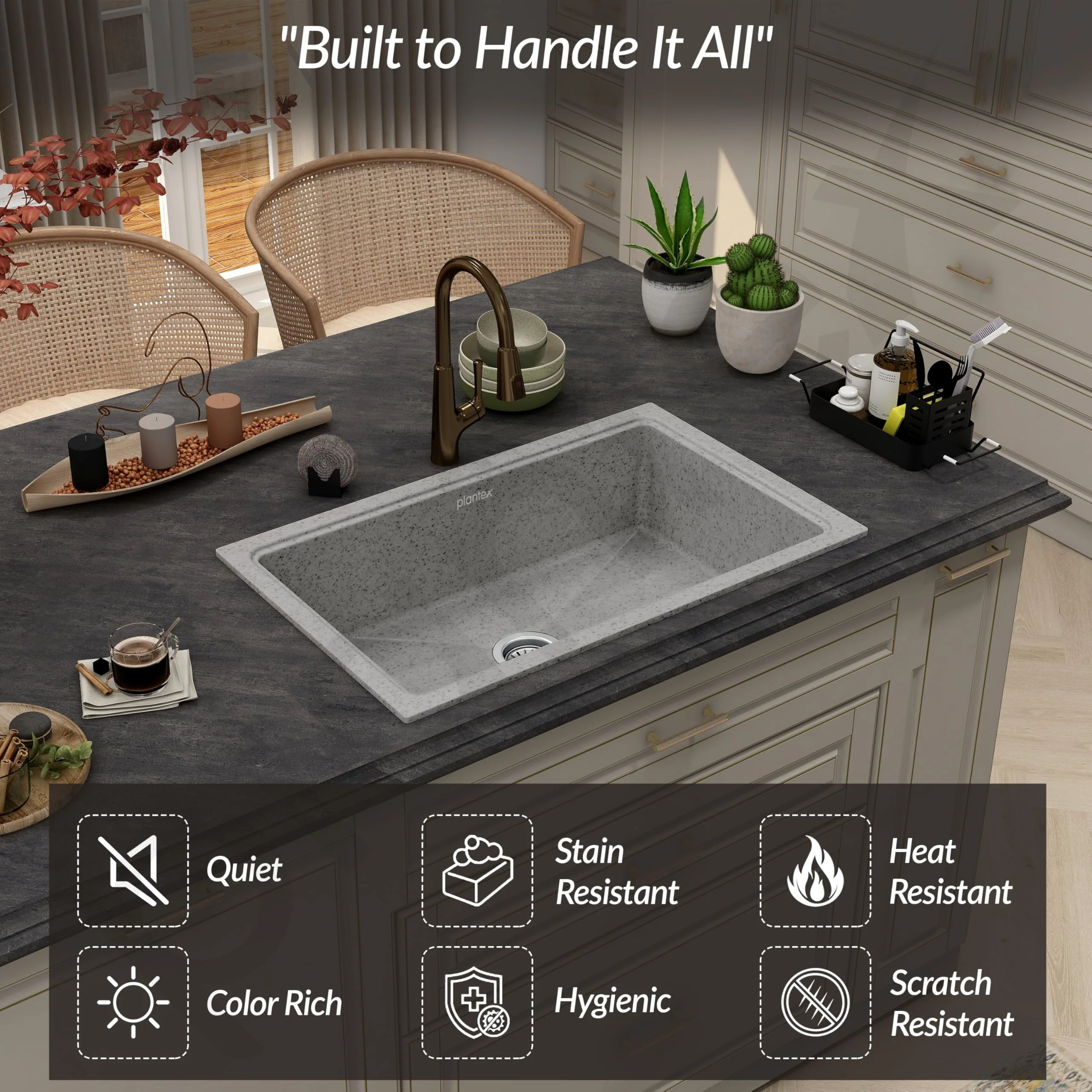 Plantex Quartz Acrylic Kitchen Sink/Undermount Sink for Kitchen with 10 Years Warranty by Plantex/Granite Single Bowl Kitchen Sinks with Coupling (Brun 32x20 Inches) - Image 7