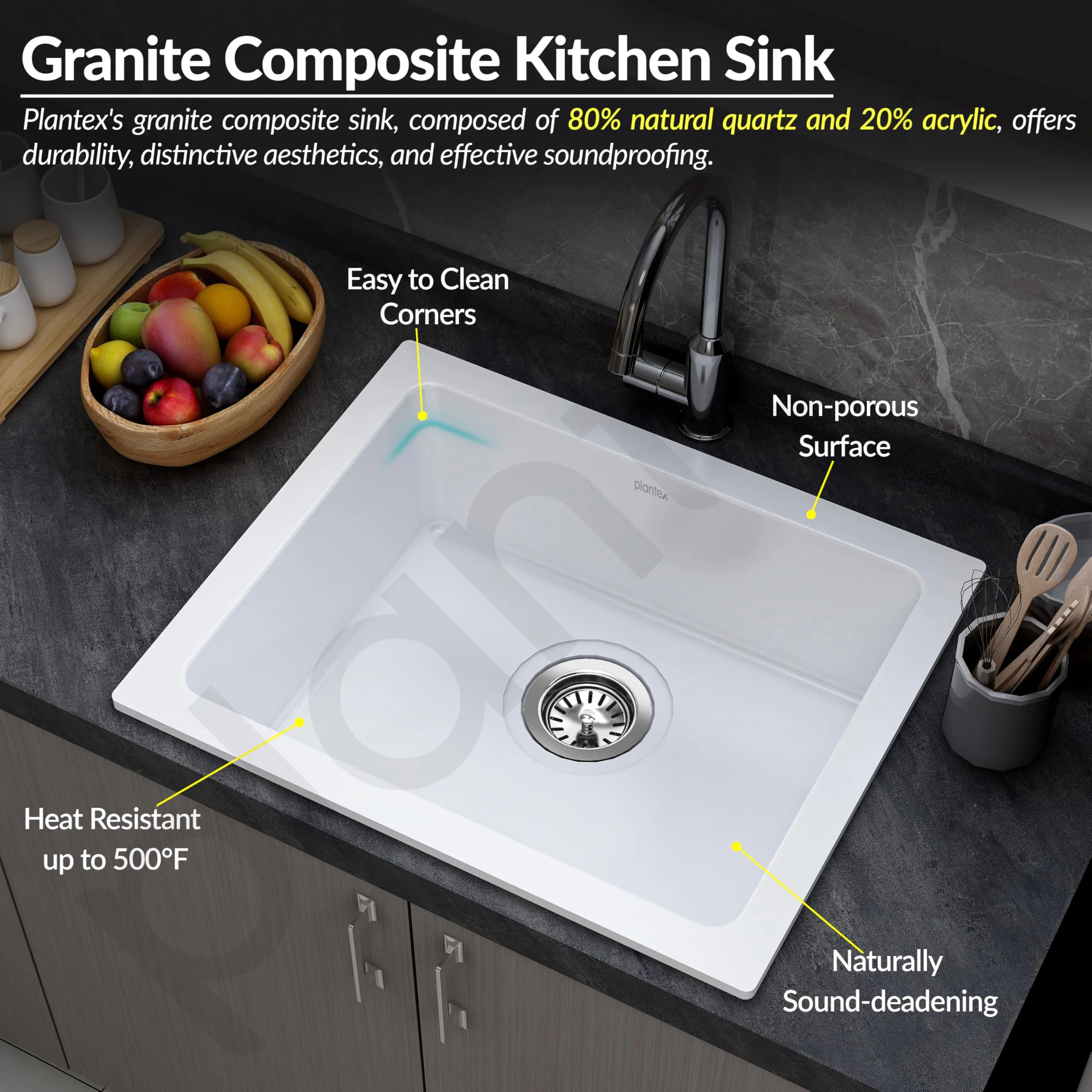 Plantex Quartz Acrylic Kitchen Sink/Undermount Sink for Kitchen with 10 Years Warranty by Plantex/Granite Single Bowl Kitchen Sinks with Coupling (Whiti 21x18 Inches) - Image 6