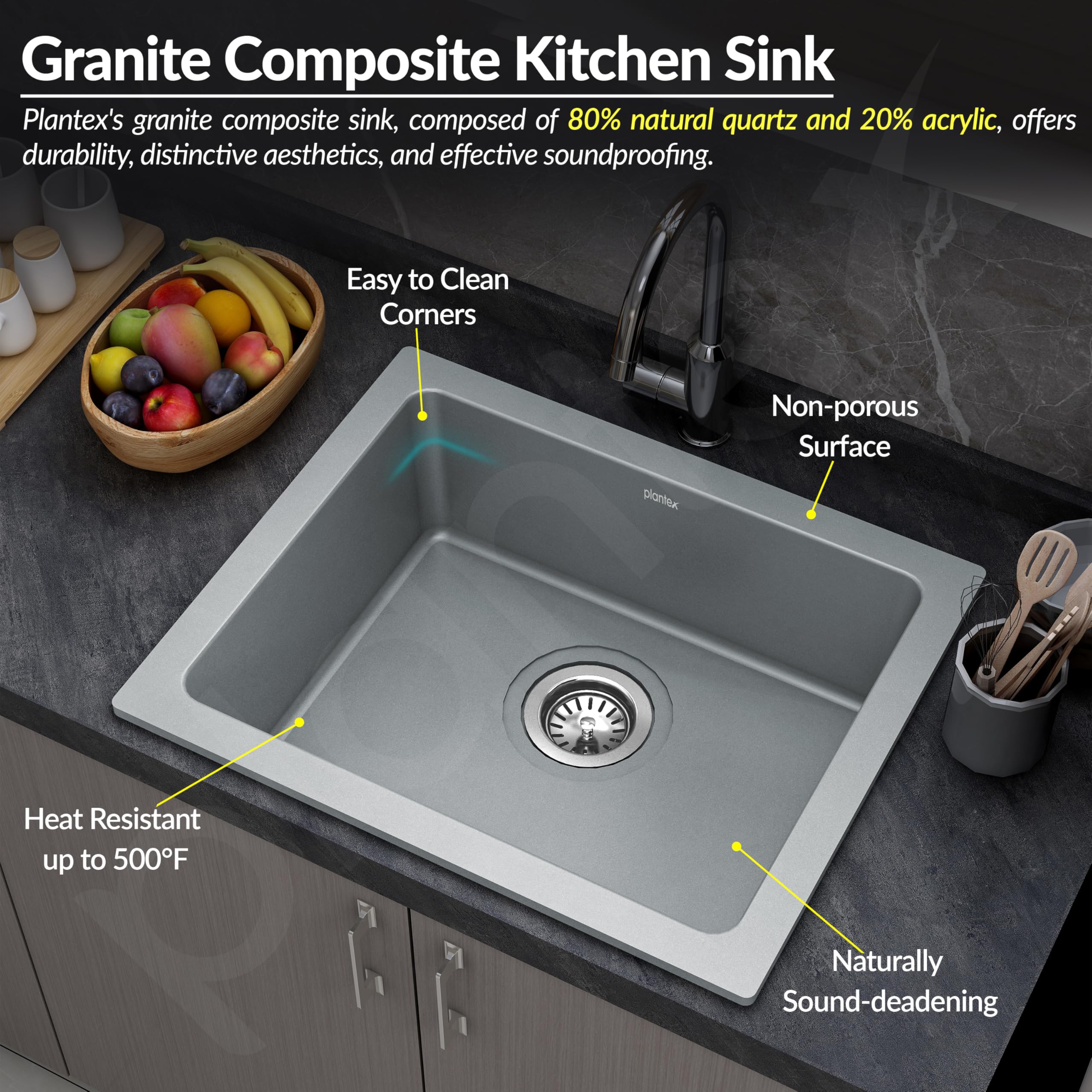 Plantex Quartz Acrylic Kitchen Sink/Undermount Sink for Kitchen with 10 Years Warranty by Plantex/Metalic Single Bowl Kitchen Sinks with Coupling (Lintus-24x18 Inches) - Image 6