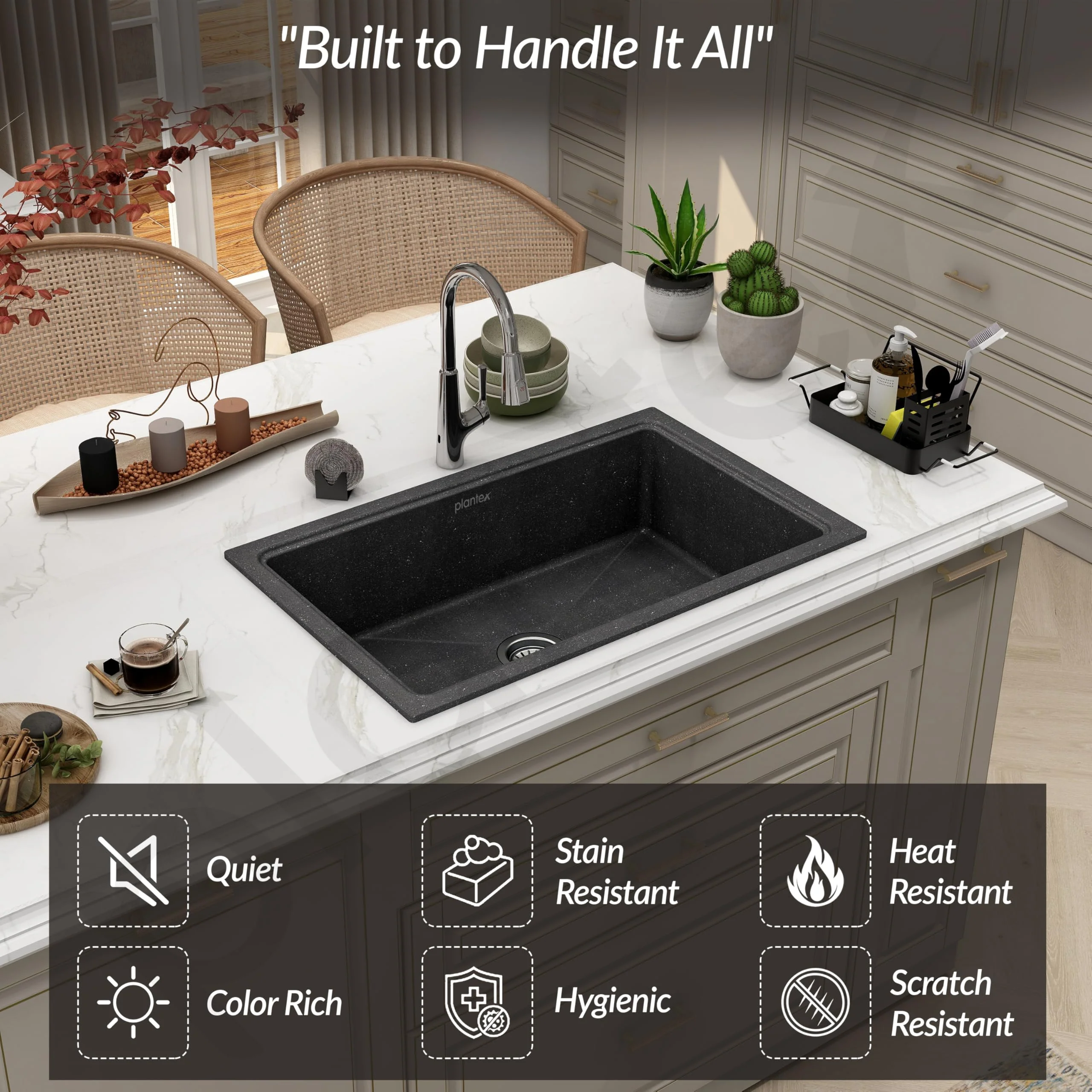 Plantex Quartz Acrylic Kitchen Sink/Undermount Sink for Kitchen with 10 Years Warranty by Plantex/Metalic Single Bowl Kitchen Sinks with Coupling (Siapan 32x20 Inches) - Image 7