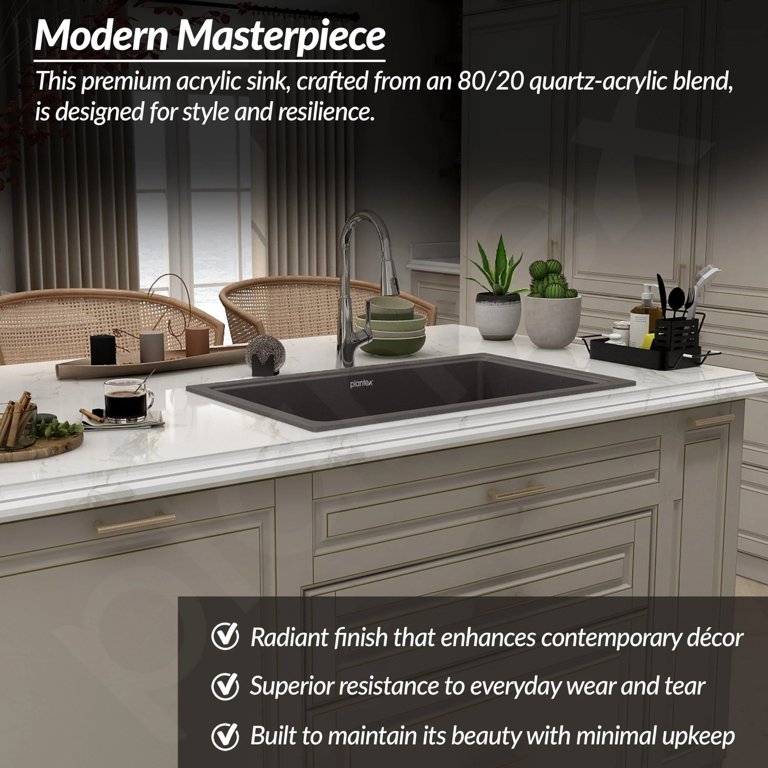 Plantex Quartz Acrylic Kitchen Sink with 10 Years Warranty by Plantex/Undermount Quartz Sink for Kitchen/Granite Single Bowl Kitchen Sinks with Coupling (Con 32x20 Inches) - Image 2