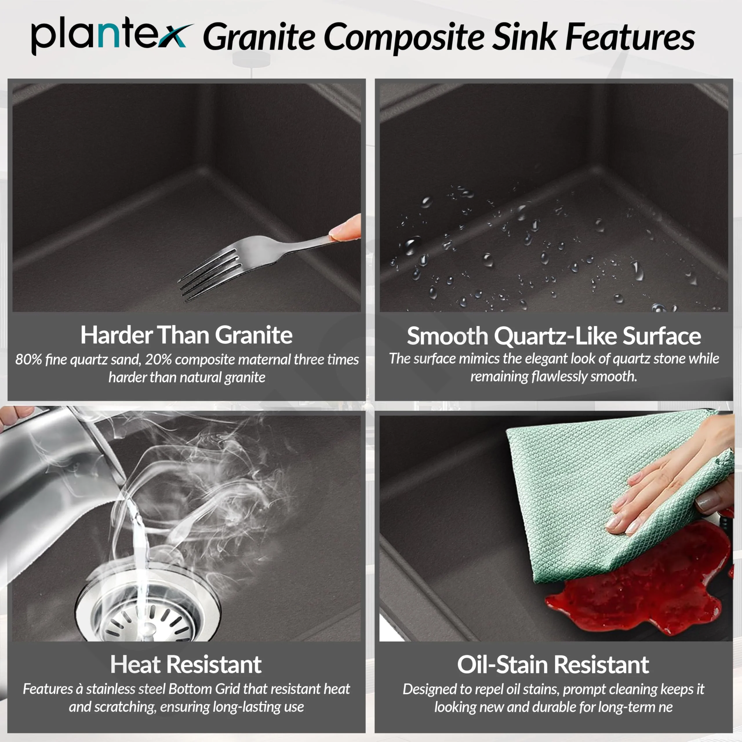 Plantex Quartz Acrylic Kitchen Sink with 10 Years Warranty by Plantex/Undermount Quartz Sink for Kitchen/Granite Single Bowl Kitchen Sinks with Coupling (Con 32x20 Inches) - Image 3
