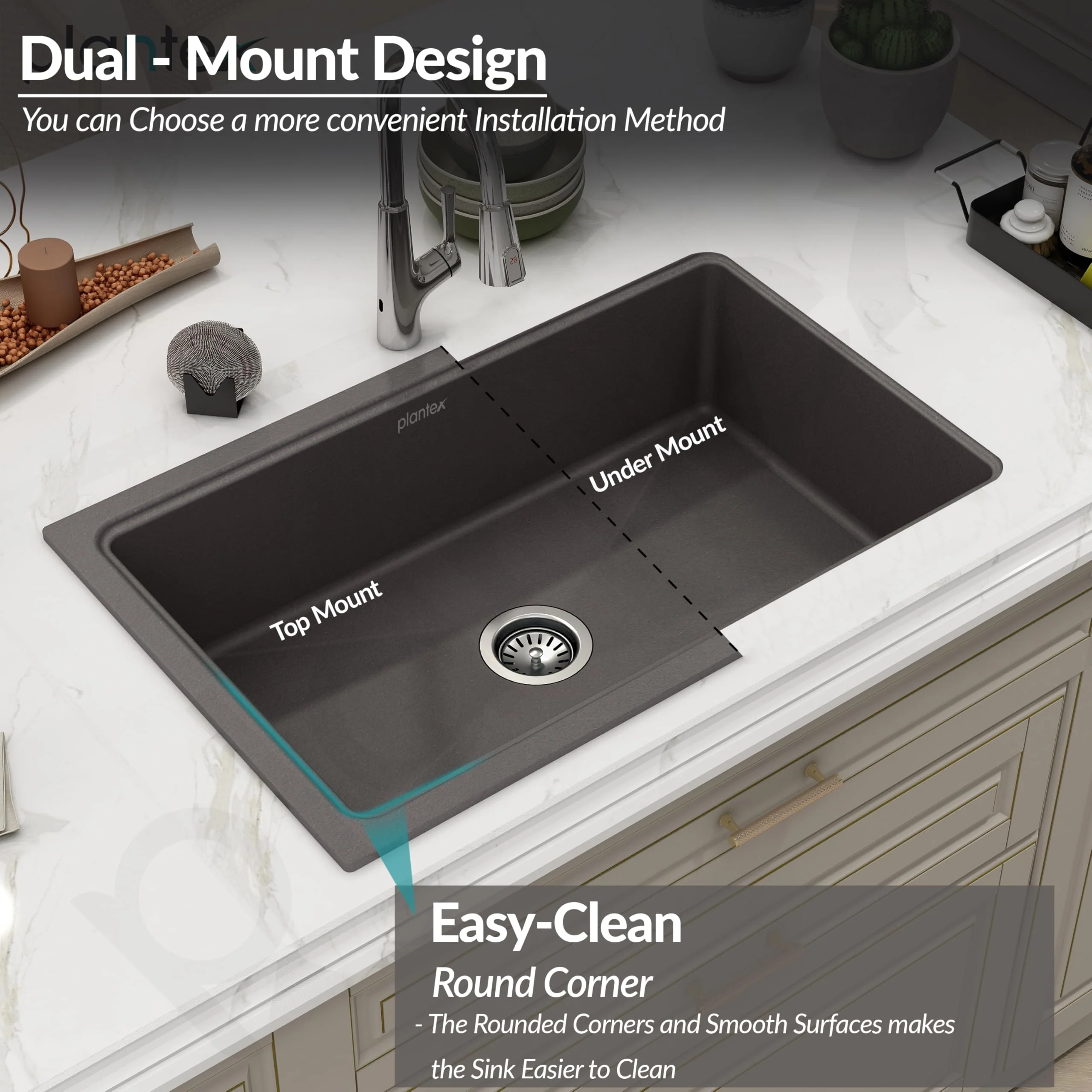 Plantex Quartz Acrylic Kitchen Sink with 10 Years Warranty by Plantex/Undermount Quartz Sink for Kitchen/Granite Single Bowl Kitchen Sinks with Coupling (Con 32x20 Inches) - Image 5