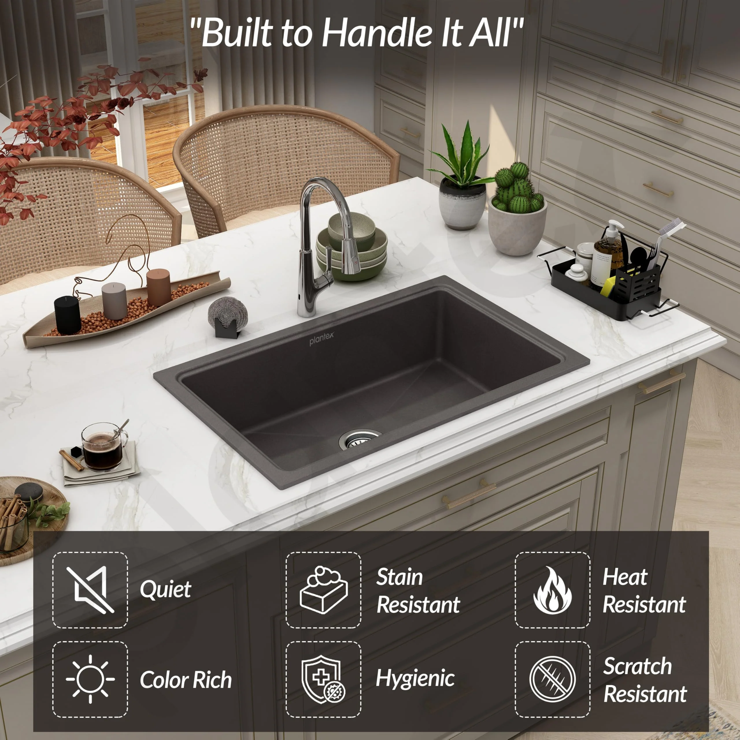 Plantex Quartz Acrylic Kitchen Sink with 10 Years Warranty by Plantex/Undermount Quartz Sink for Kitchen/Granite Single Bowl Kitchen Sinks with Coupling (Con 32x20 Inches) - Image 7
